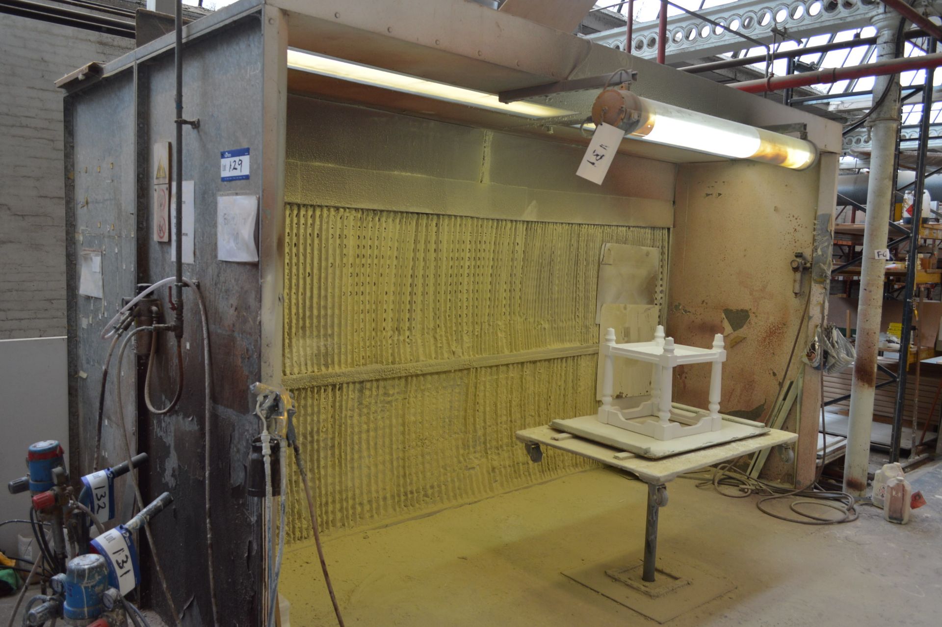 Dry Back Spray Booth (Booth 10), approx 4m x 2.2 x 2.3m high, with fan and ducting (holes in roof