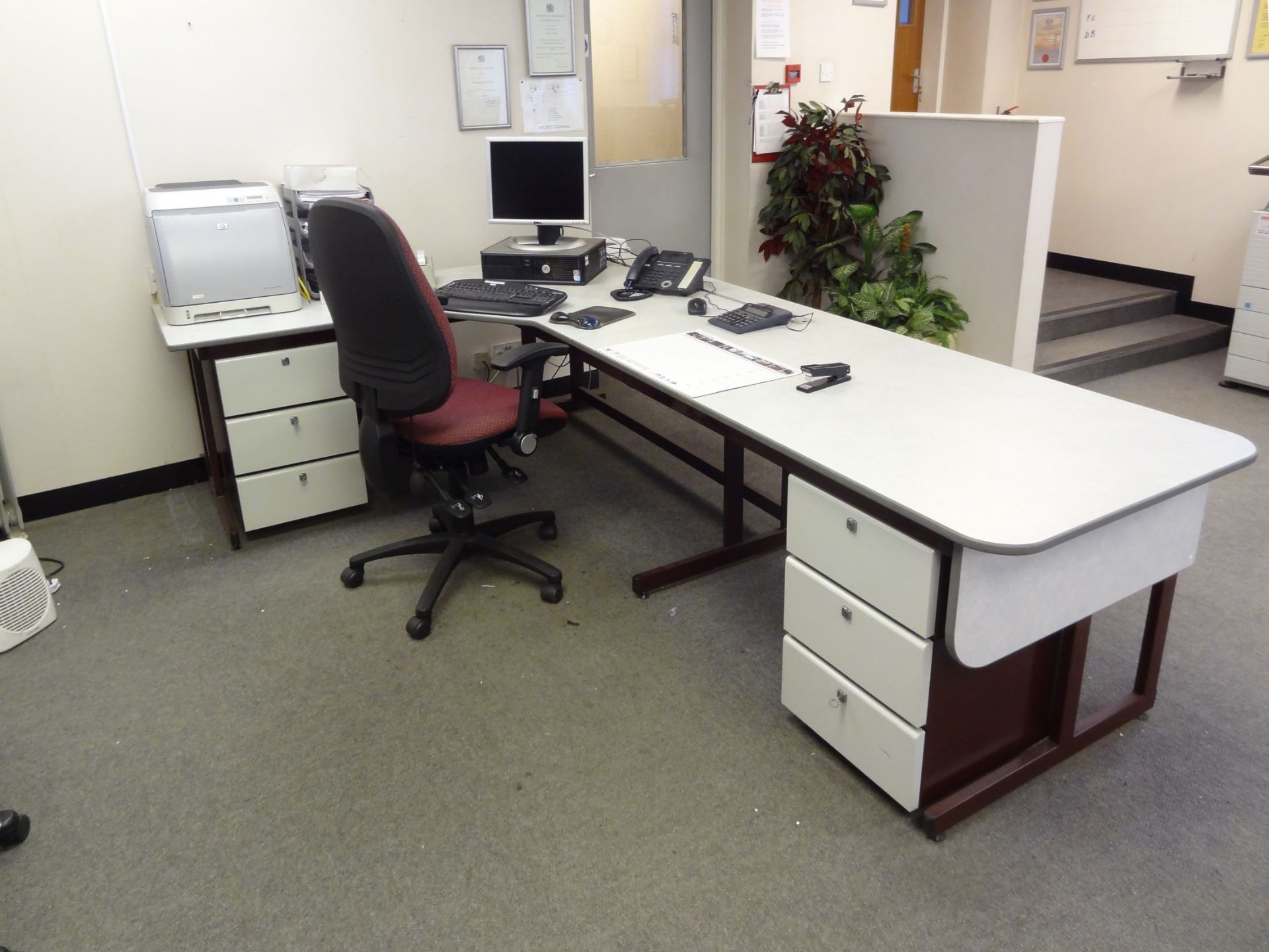 Two Section L Shaped Desk, one section approx. 2.75m x 800mm, other section 1.8m x 600mm, with