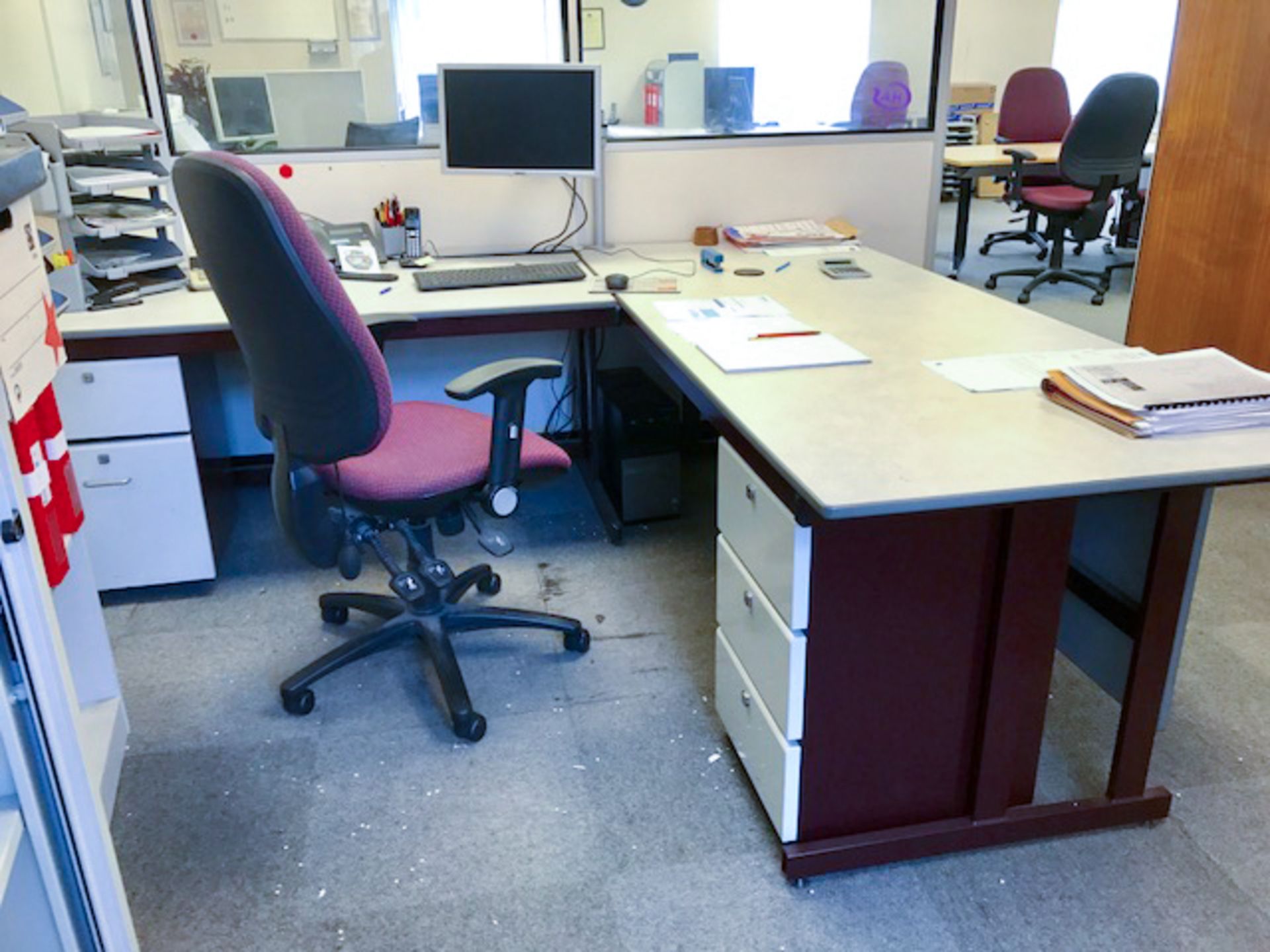 One Desk, with ergonomic office chair, steel cupboard drawer unit and steel three drawer unit (