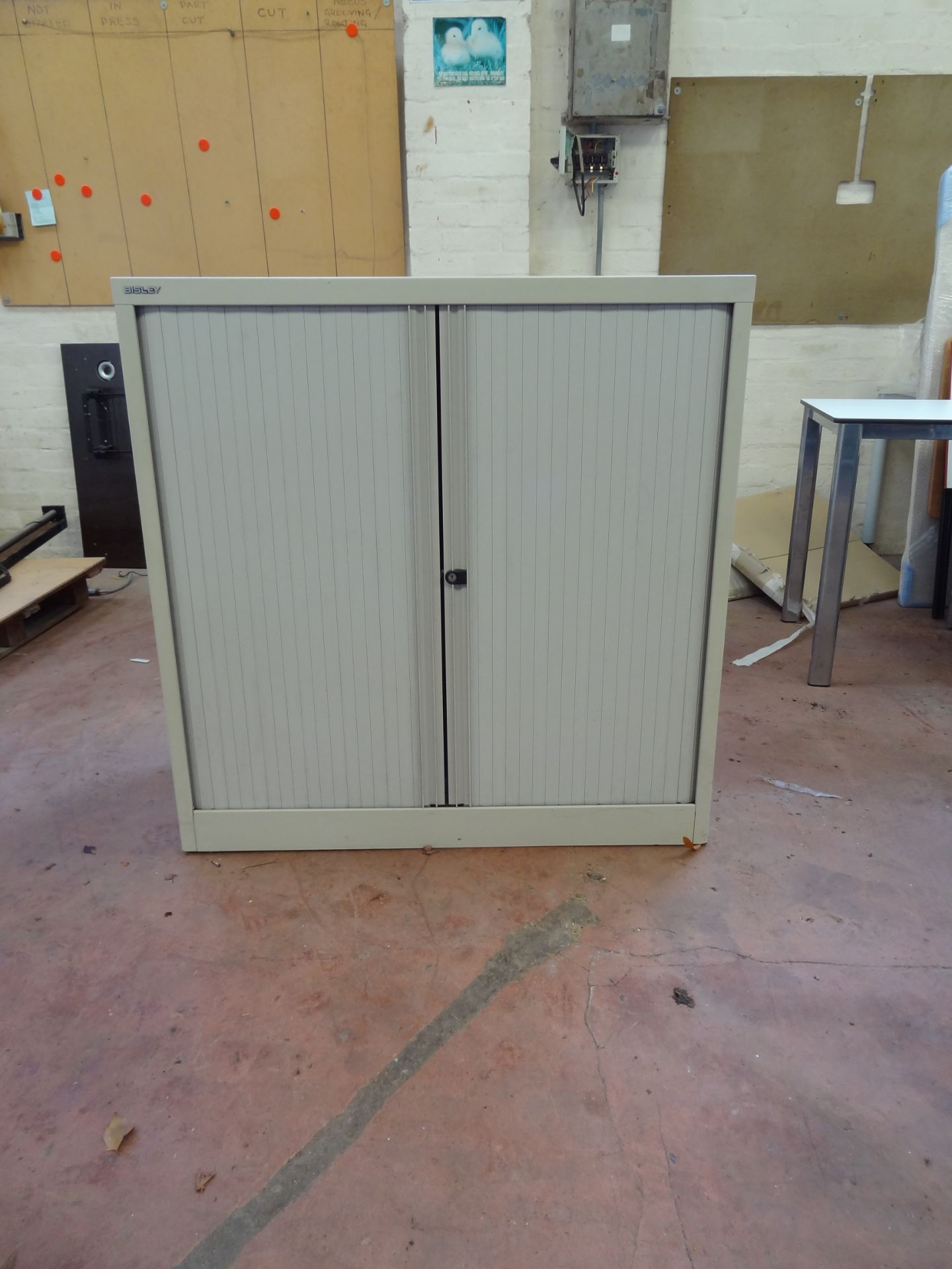 Bisley Tambour Door Cupboard (light grey), with three adjustable shelves, approx. 1.65m x 900mm