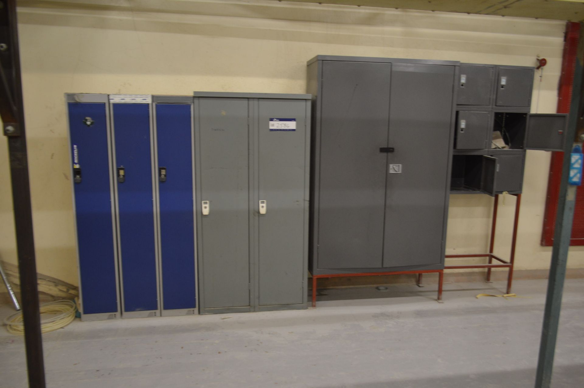 Assorted Personnel Lockers and Double Door Steel Cupboard, as set out with contents (note - this lot