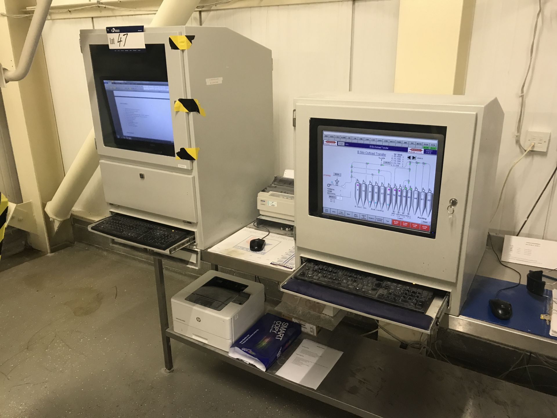 Two Process Computer Screens, keyboards, Epson LX-300+II dot matrix printer and HP LaserJet Pro