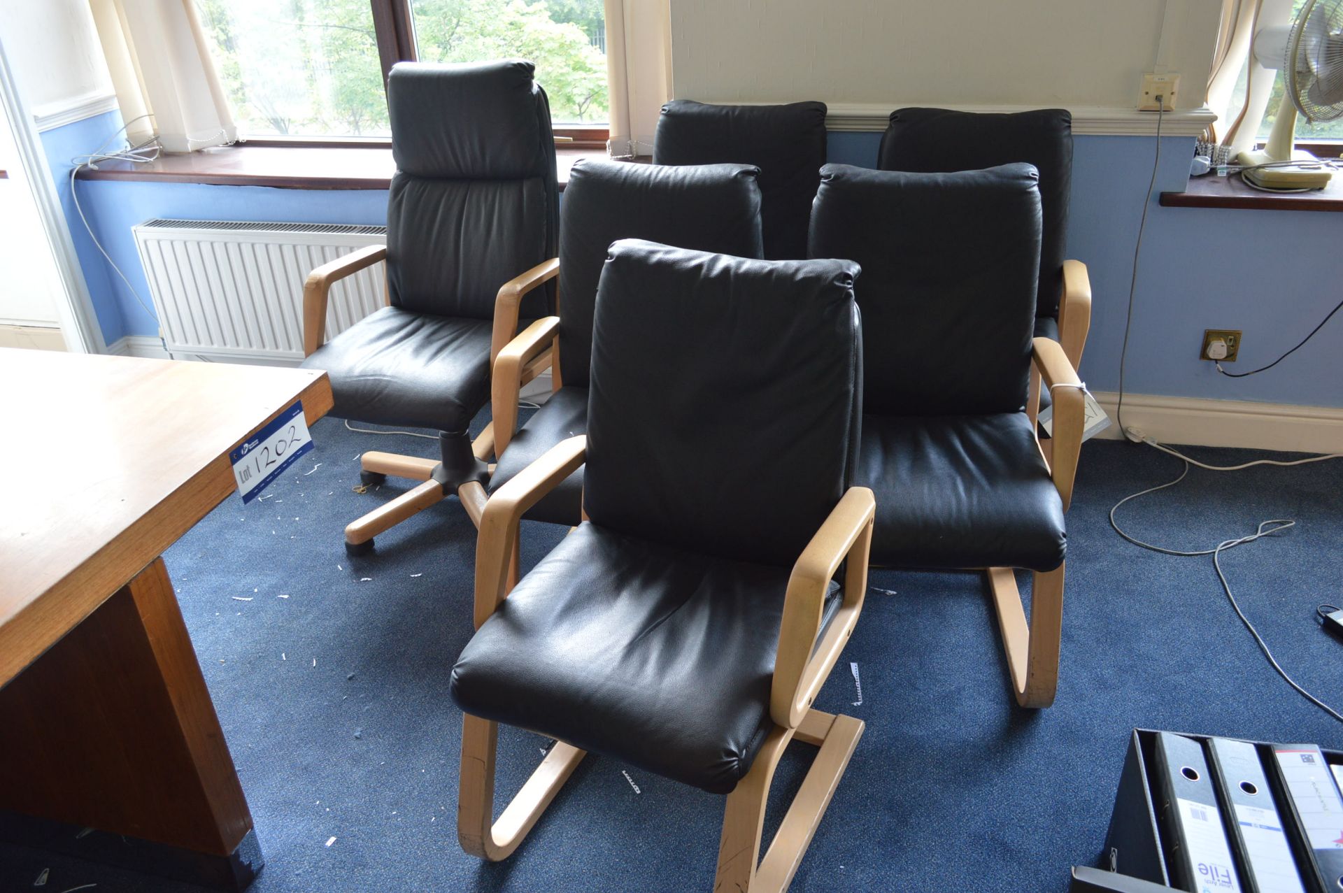 Five Leather Upholstered Wood Framed Armchairs & O