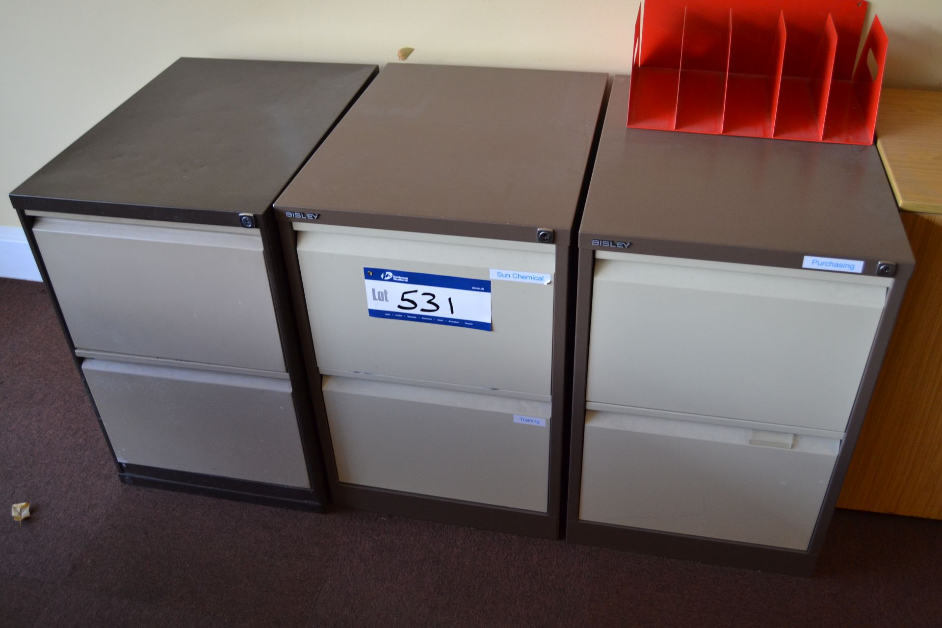 Three Metal Four Drawer Filing Cabinets and Light