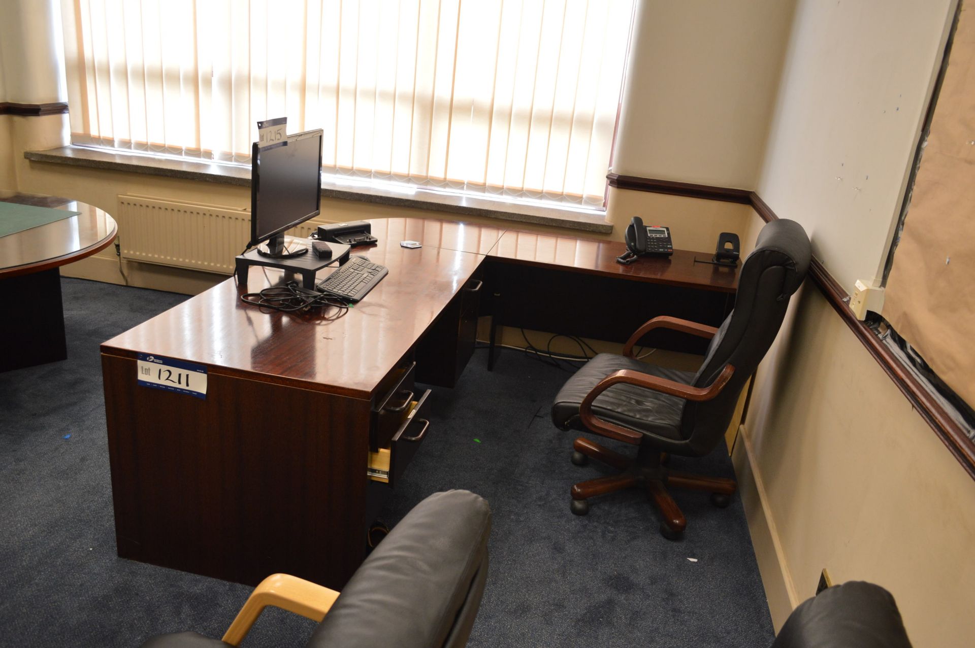 Dark Wood ‘L’ Shaped Desk & Leather Upholstered Sw