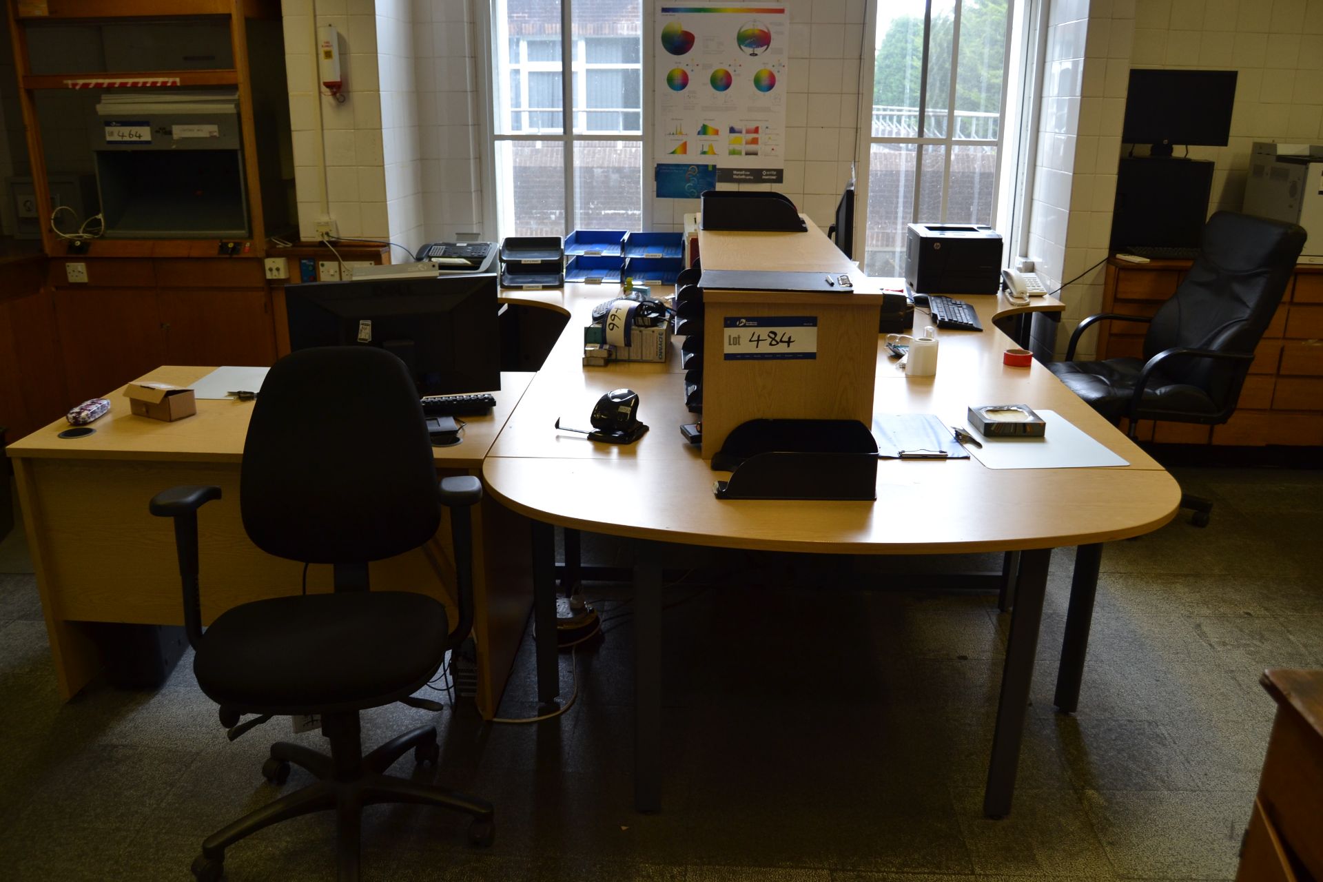 Two Light Oak Veneer Shaped Desks, two tables, ½ c