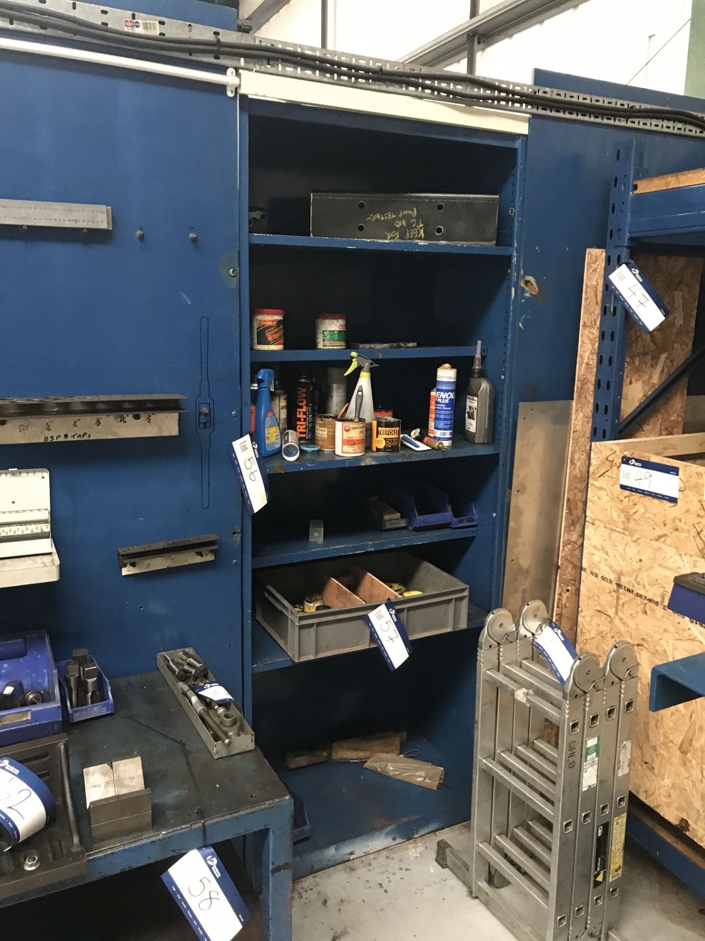 Five Tier Metal Shelving Unit including contents of Cutting Fluid and Grease