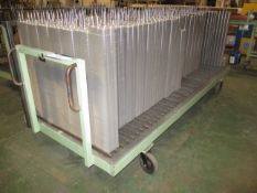 Approx 116 Two Prong Plate Stands and steel trolley, 1.25m x 3.15m approx. base (aluminium fins/