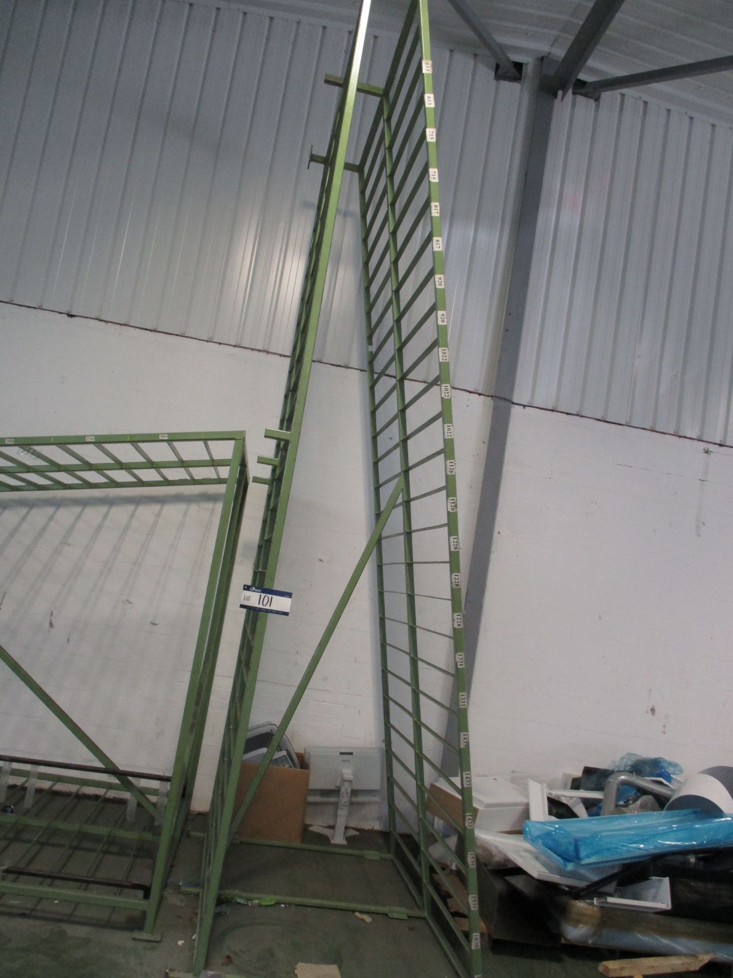 Inclined Steel Framed Multi Compartment Rack, 9m x 1.9m x 2.2m approx. (highest point) in two