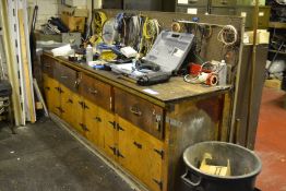 Wooden Framed Workbench, with contents (as set out