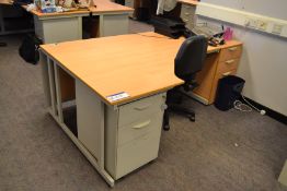 Light Oak Veneer Shaped Desk, Two Pedestals, Singl