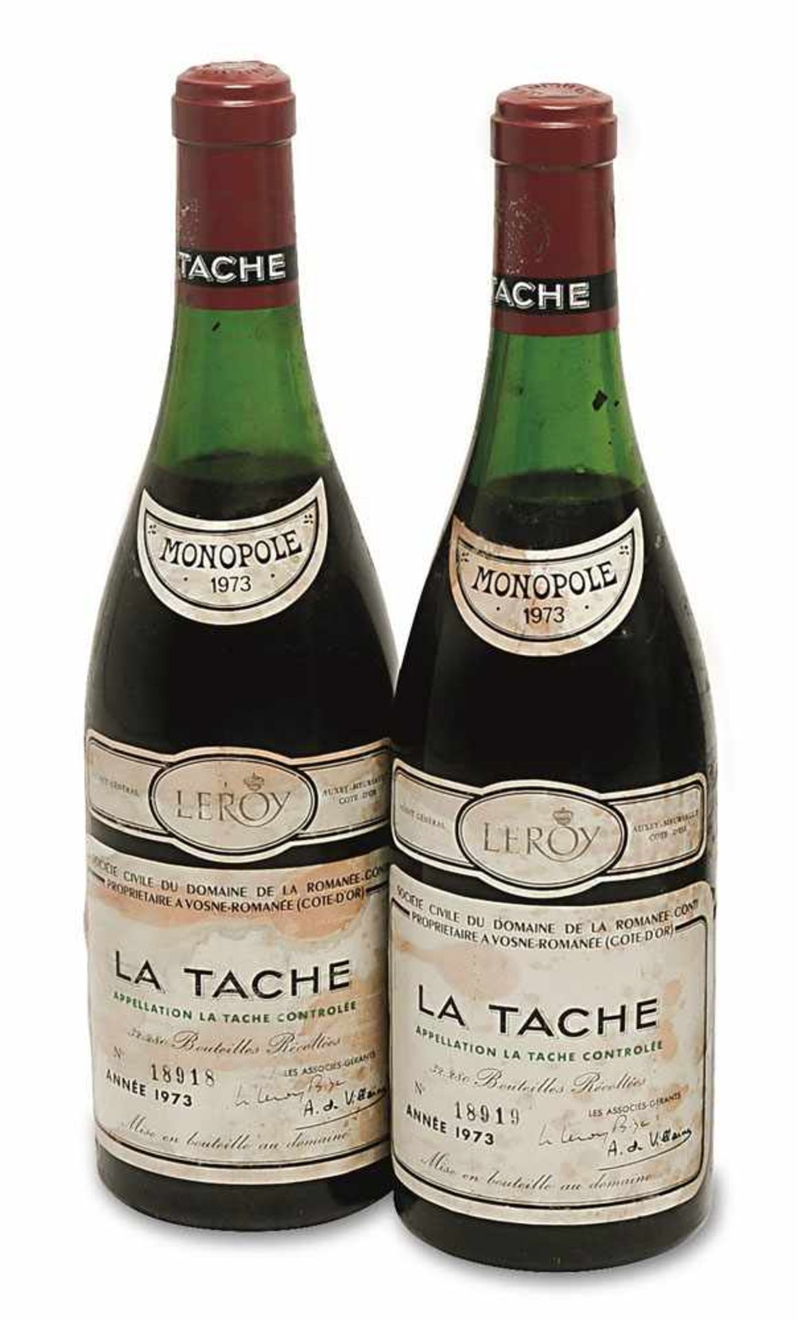 Zwei Flaschen La Tâche Burgund, Frankreich Domaine de la Romanée-Conti, Grand Cru. Jahrgang: 1973.