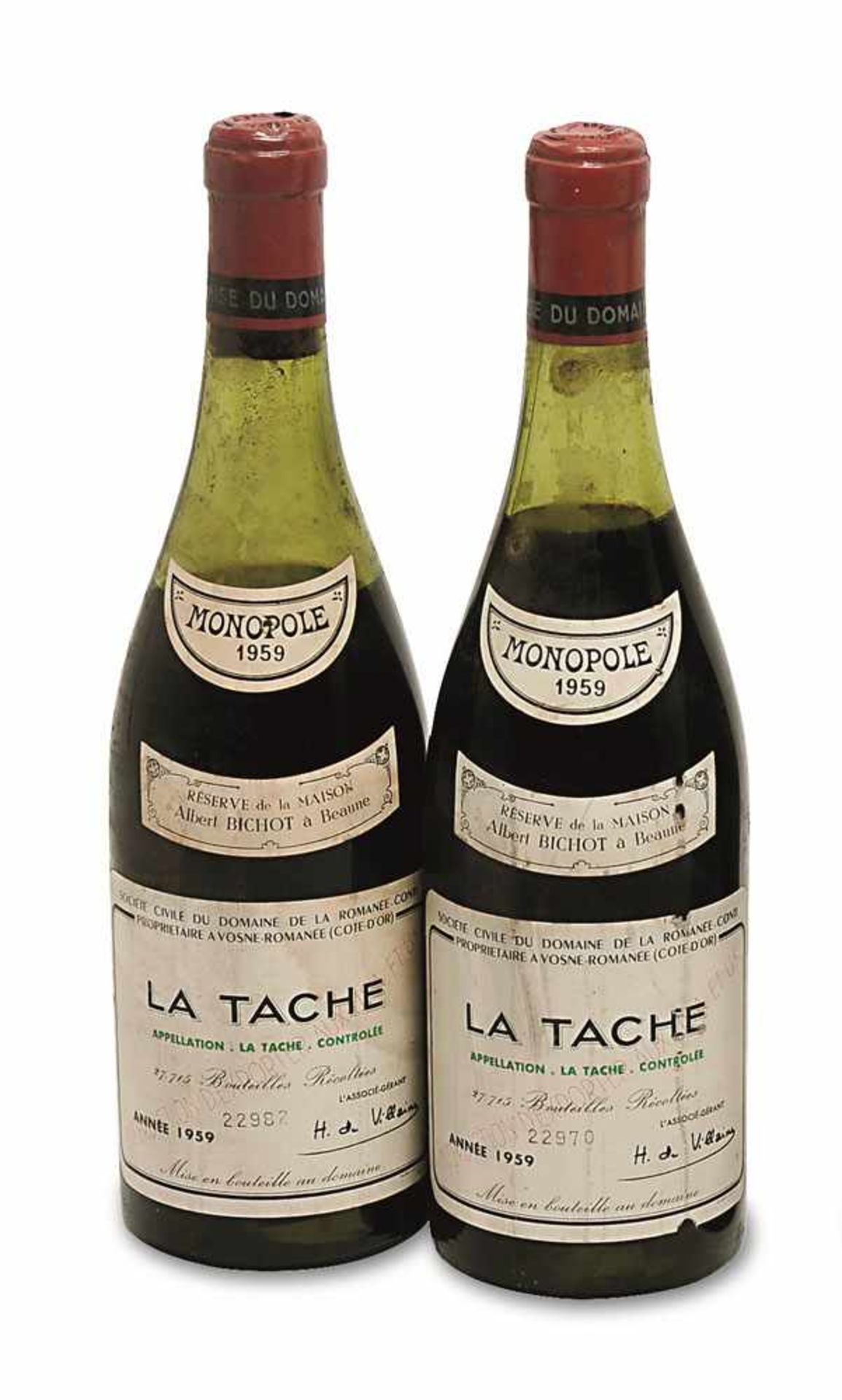 Zwei Flaschen La Tâche Burgund, Frankreich Domaine de la Romanée-Conti, Grand Cru. Jahrgang: 1959