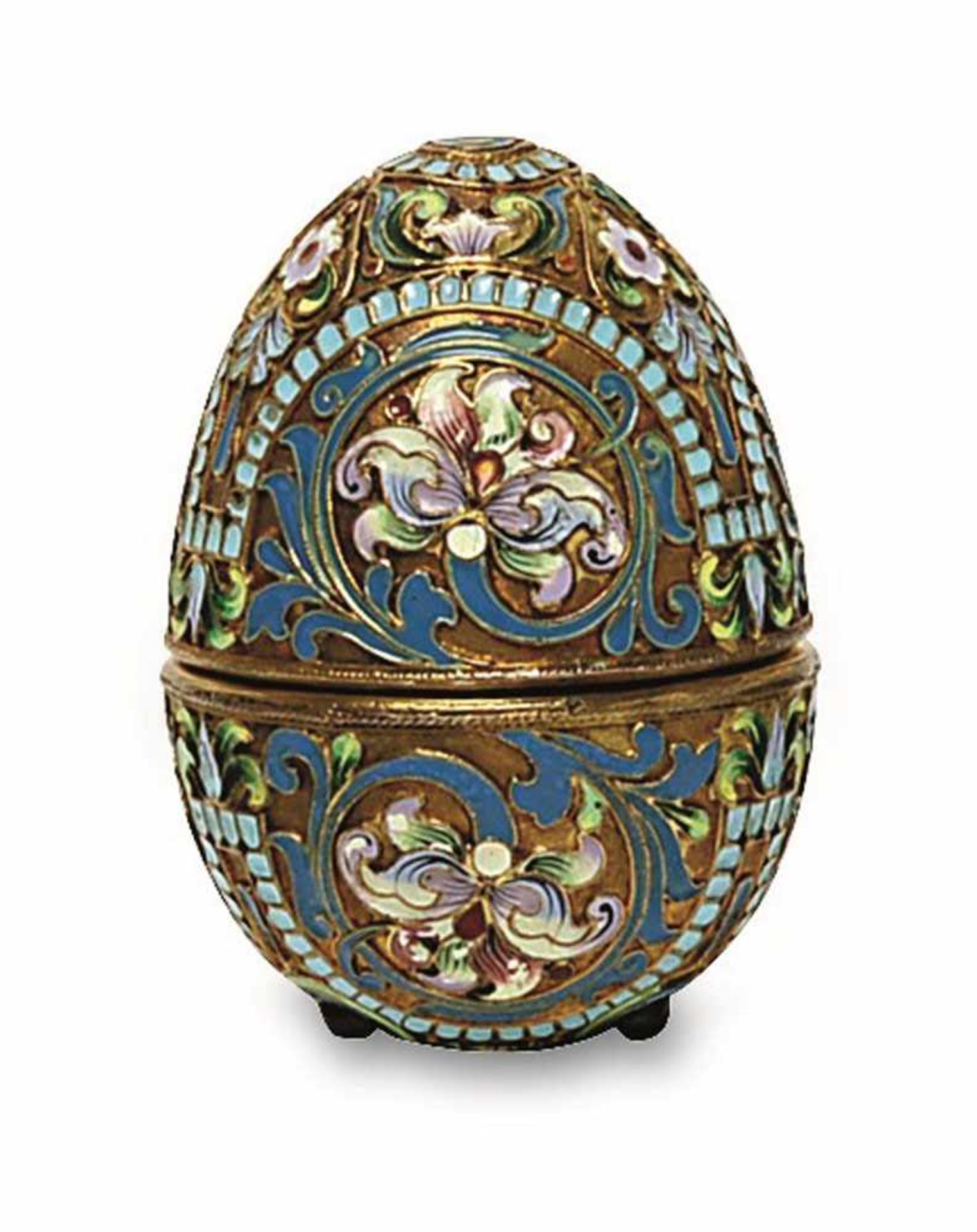 Cloisonné-Ei Silber, vergoldet. Floraler Cloisonné-Dekor. Russische Marken. Min. besch. H. 8 cm. 115