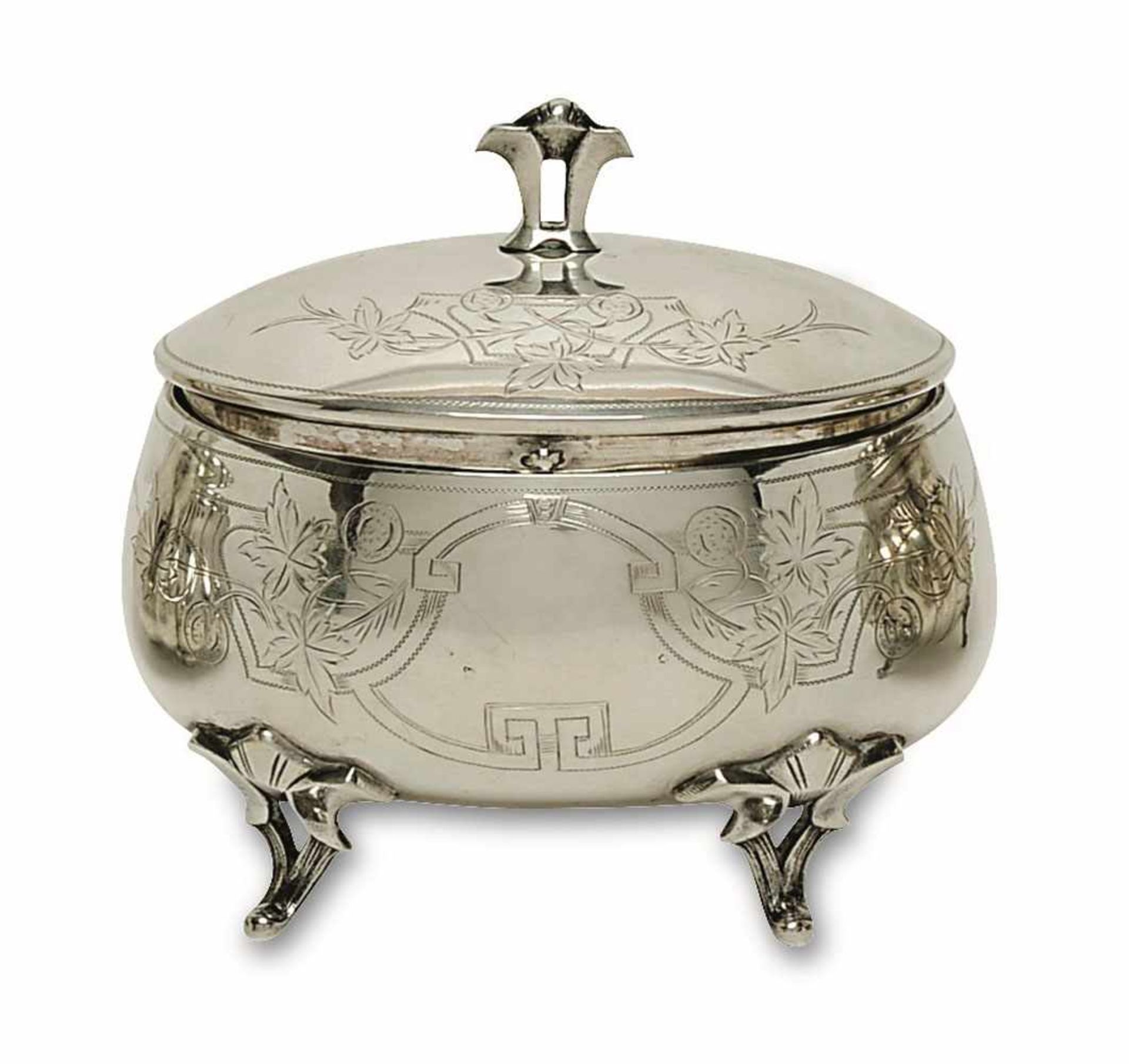 Zuckerdose Wien, um 1870/80 Silber. Ovale, bauchige Form auf vier Füßen. Gravierter Band- und