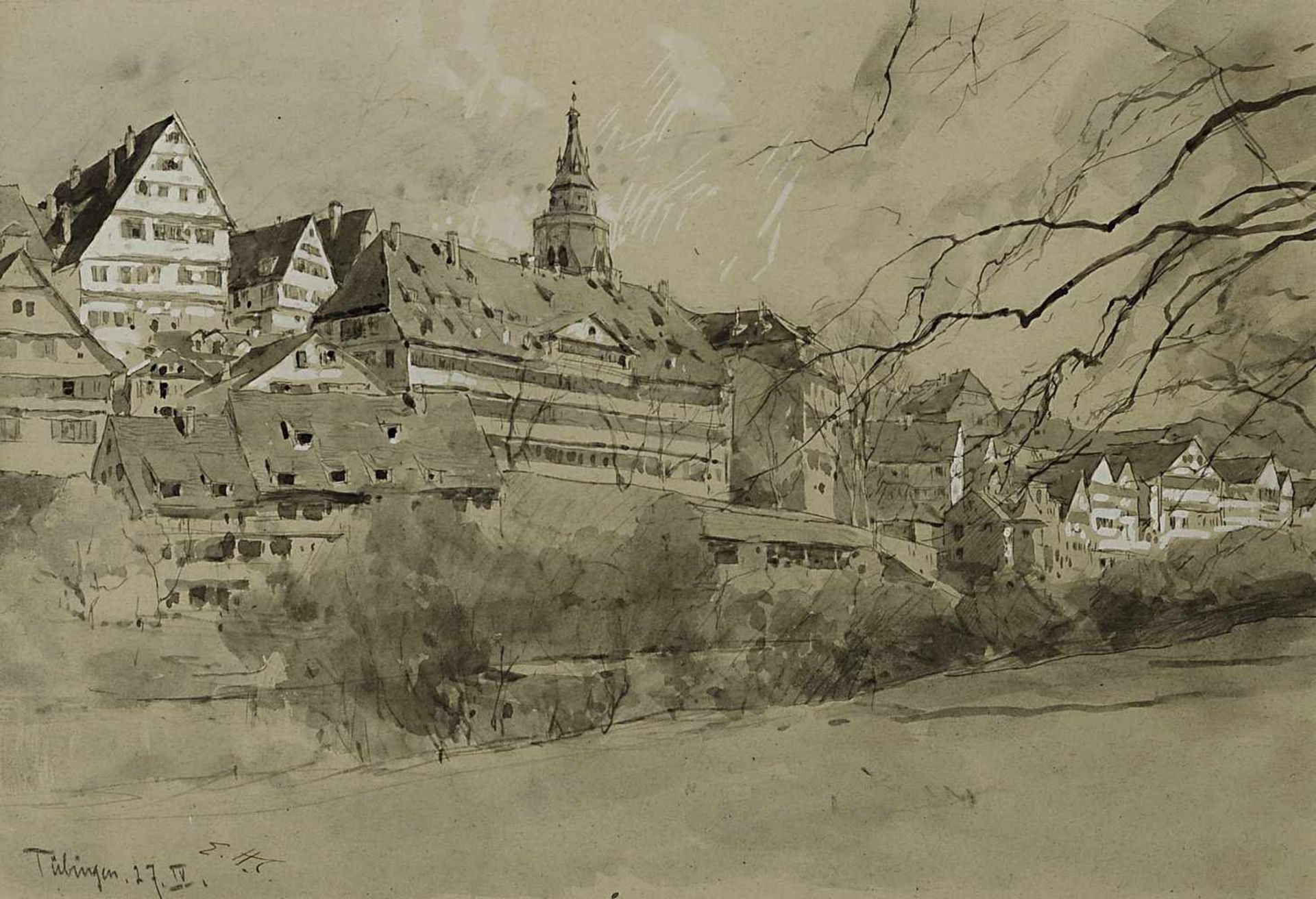 Compton, Edward Harrison 1881 Feldafing - 1960 ebd. Blick auf Tübingen Lavierte Tuschzeichnung, weiß