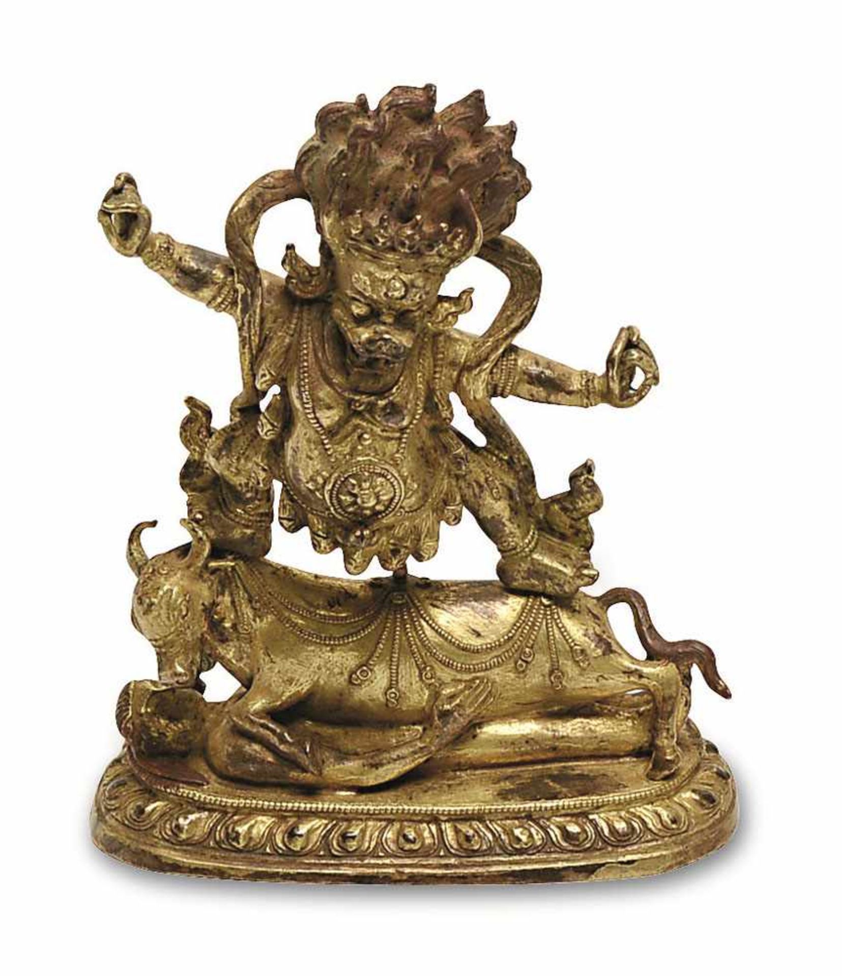 Yamantaka Tibet, wohl um 1900 Bronze mit Feuervergoldung, Reste roter Farbe. Zornvolle Gottheit, auf