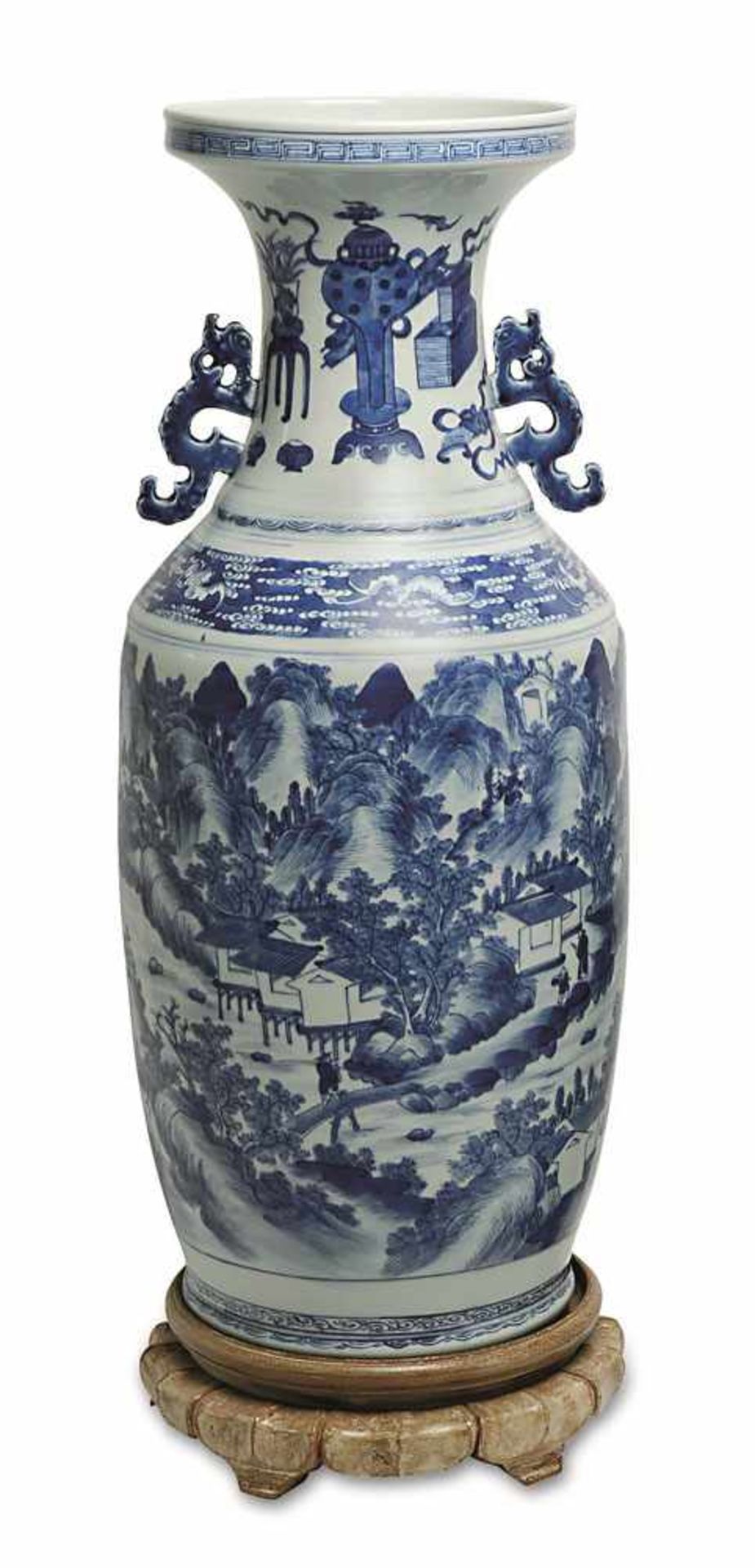 Vase China Porzellan. Balusterform mit zwei Griffen und Blaudekor: Landschaft mit Dorf und