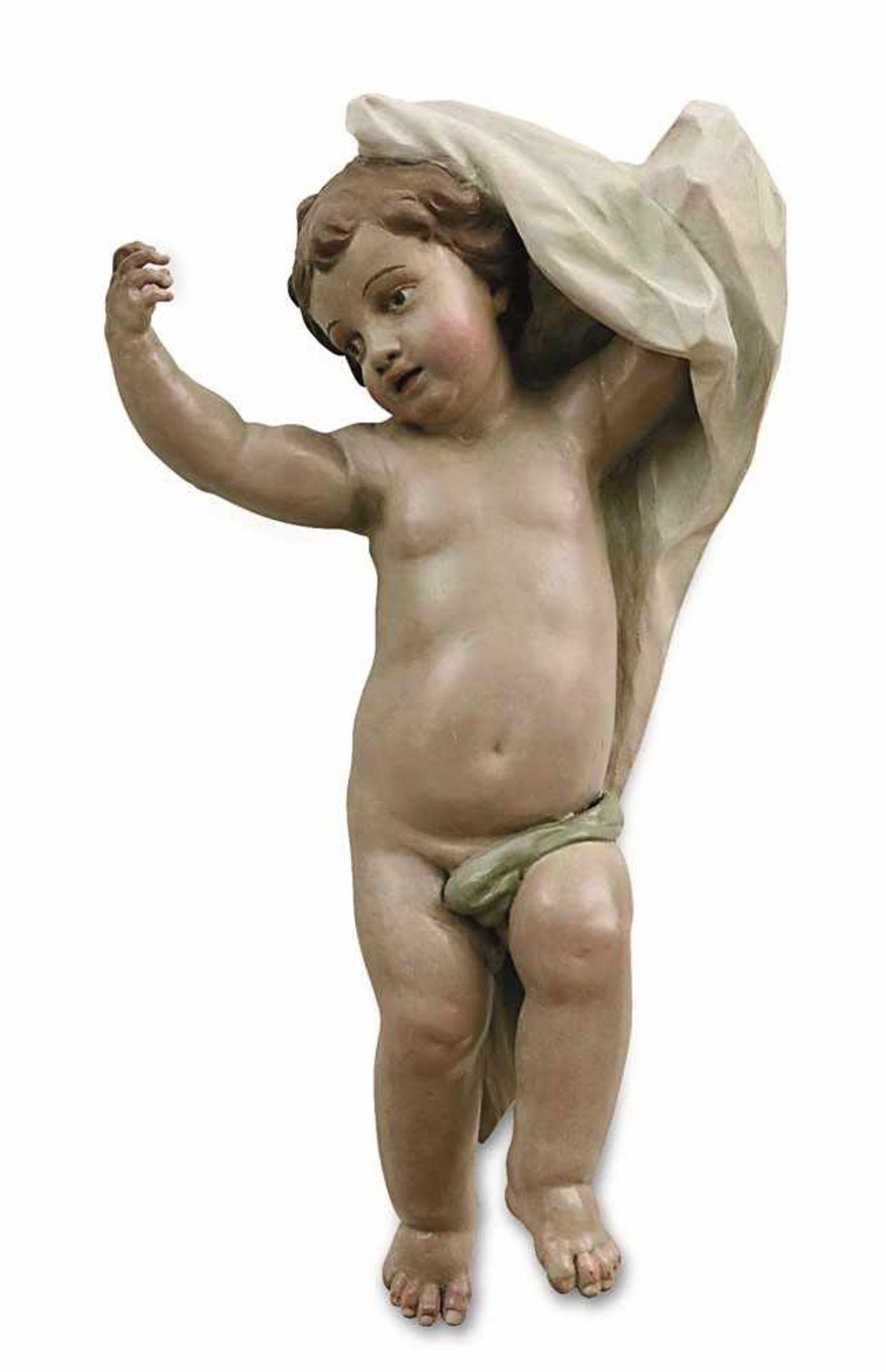 Putto mit Tuch Wohl süddeutsch, 18. Jh. Holz, geschnitzt, rückseitig gehöhlt. Farbfassung. Rest.,