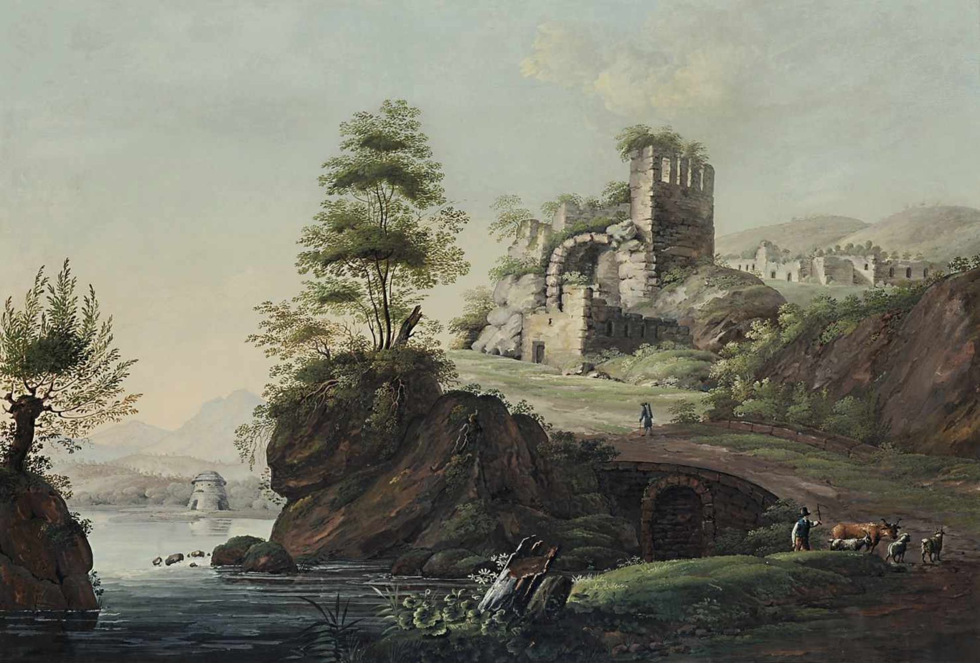 Unbekannt 1. Hälfte 19. Jh. Flusslandschaft mit Ruine und Figurenstaffage Gouache BA: 44 x 65 cm