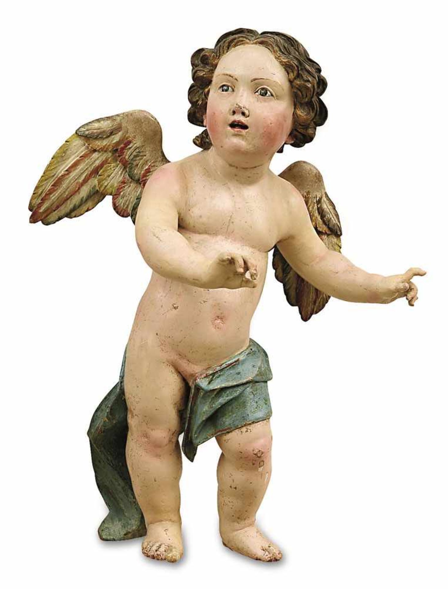 Geflügelter Putto Süditalien, 18. Jh. Holz, geschnitzt, Farbfassung. Braune Glasaugen. Besch. H.