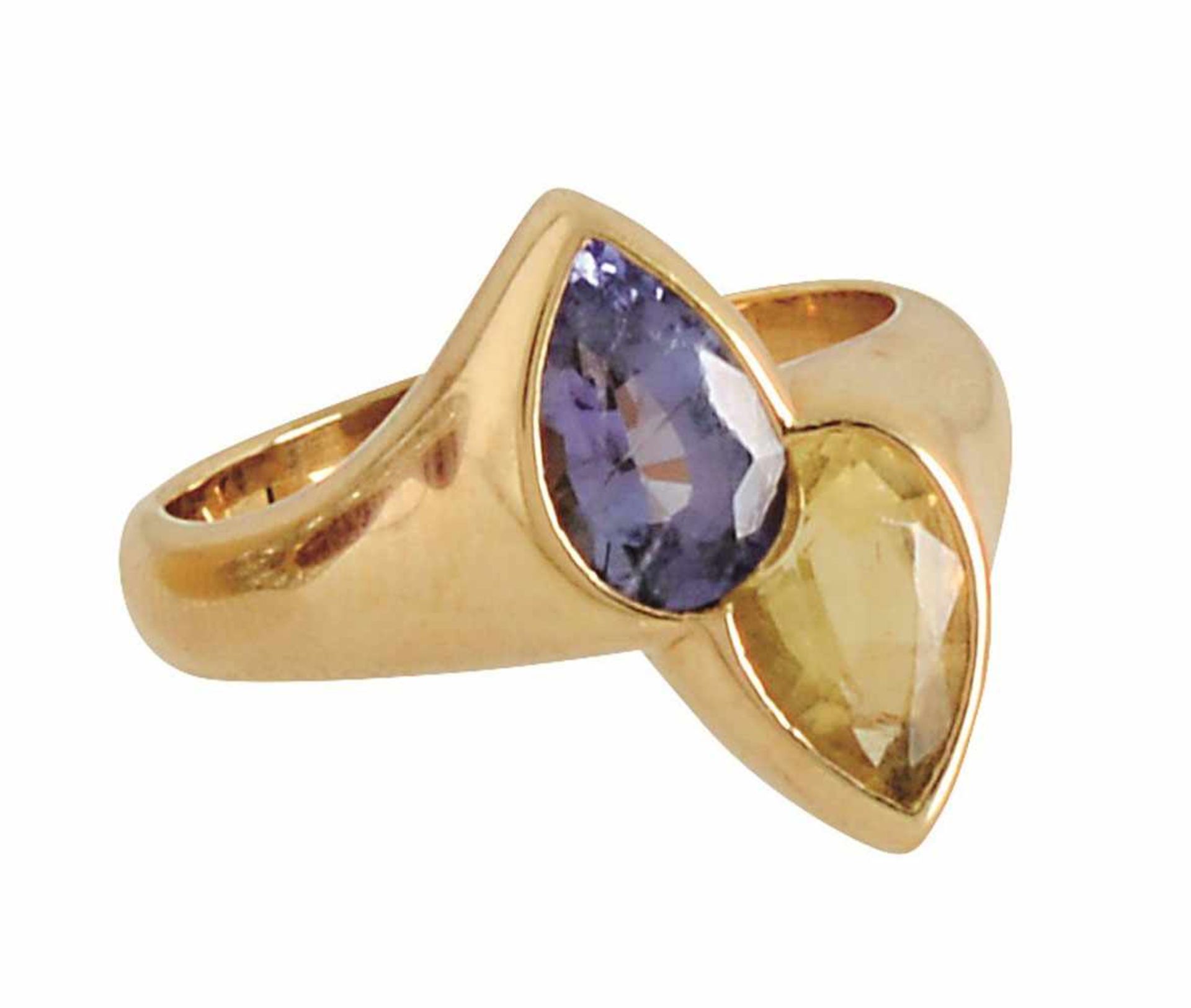 Ring 18 K GG, Marke (750). Besetzt mit einem Citrin und einem Amethyst, jeweils in Tropfenschliff,