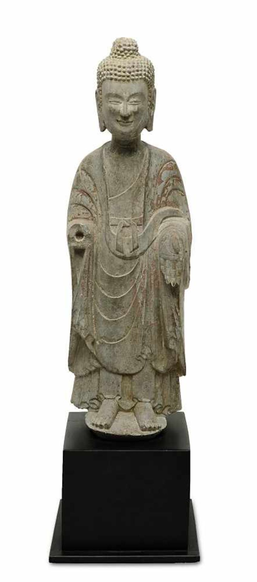 Stehender Buddha China, vermutlich Nördliche Wei Dynastie (385 - 535) Grauer Stein mit