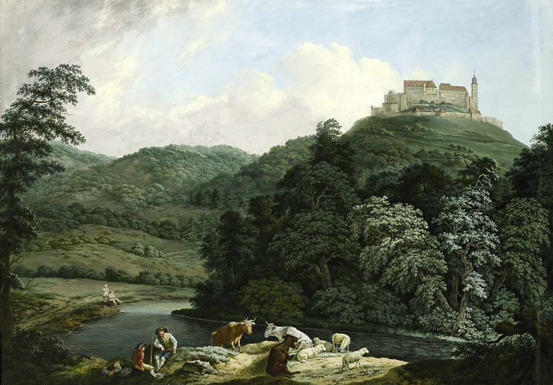 Unbekannt 19. Jh. Landschaft mit rastenden Hirten Zwei Gouachen BA: 43 x 61 cm Rahmen