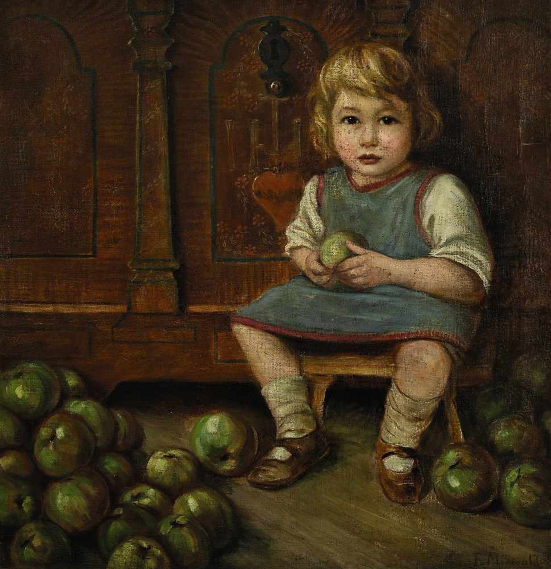 Mirwald, Ferdinand von 1872 Passau - 1948 Dachau Kleines Mädchen mit Äpfeln Öl / Lwd. 73 x 72 cm