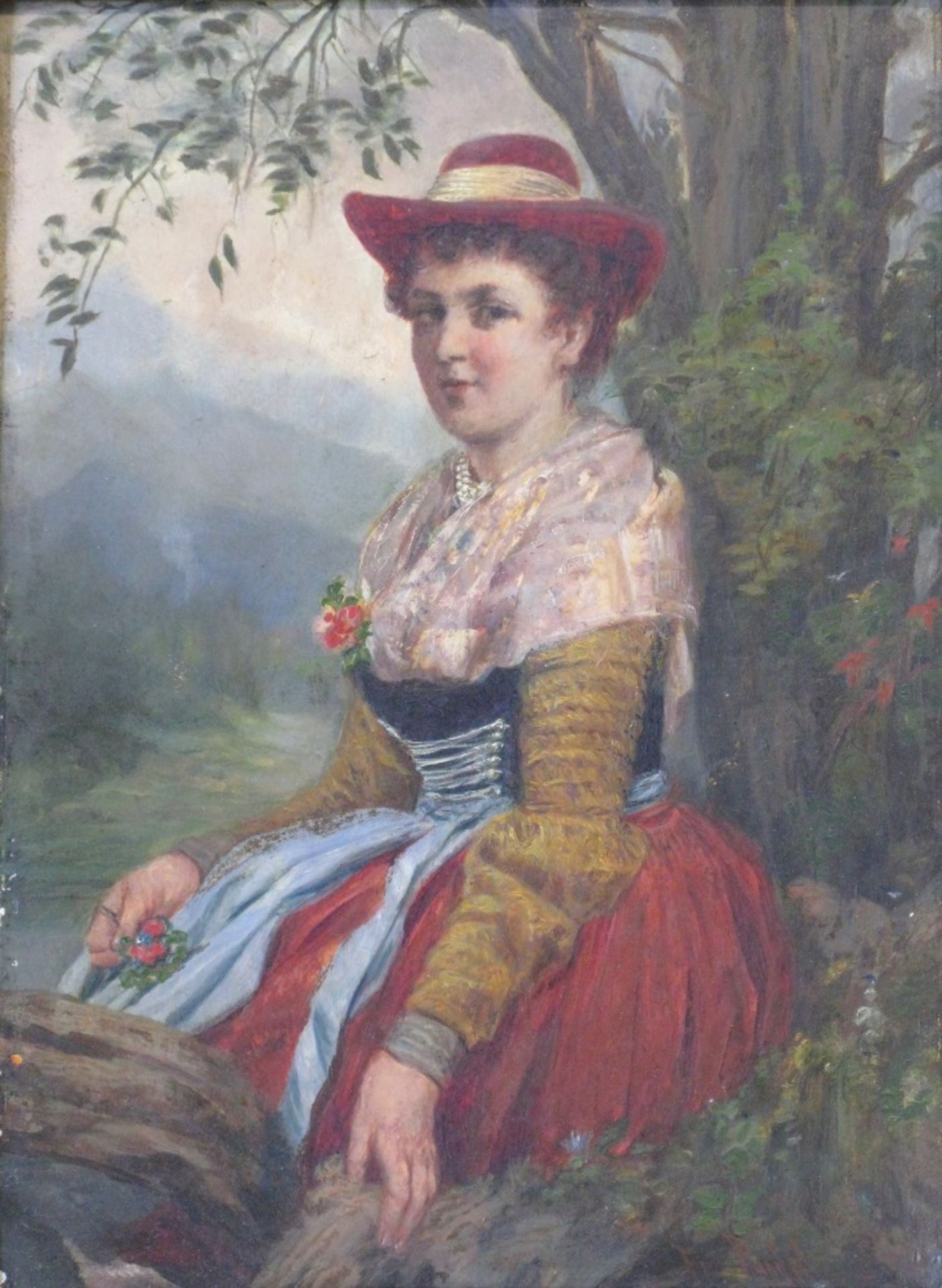 Pondel, Friedrich geb. 1830 Köben (Schlesien) Dirndl, unter einem Baum sitzend Öl / Holz 25 x 18