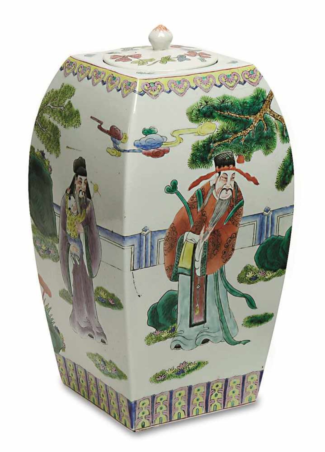 Deckelvase China Porzellan. Vierseitige Vase mit flachem Deckel. Bunter figürlicher Dekor. Rote