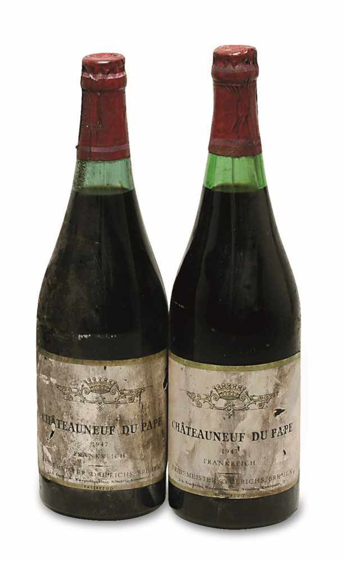 Zwei Flaschen Châteauneuf du Pape Rhônetal, Frankreich Jahrgang: 1947. Originale Füllmenge: 70 cl.