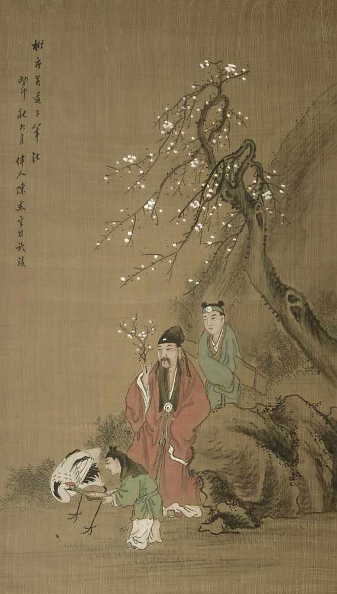 Rollbild Zwei Männer und ein Knabe mit Kranich unter einem blühenden Baum. BA: 109,5 x 66,5 cm
