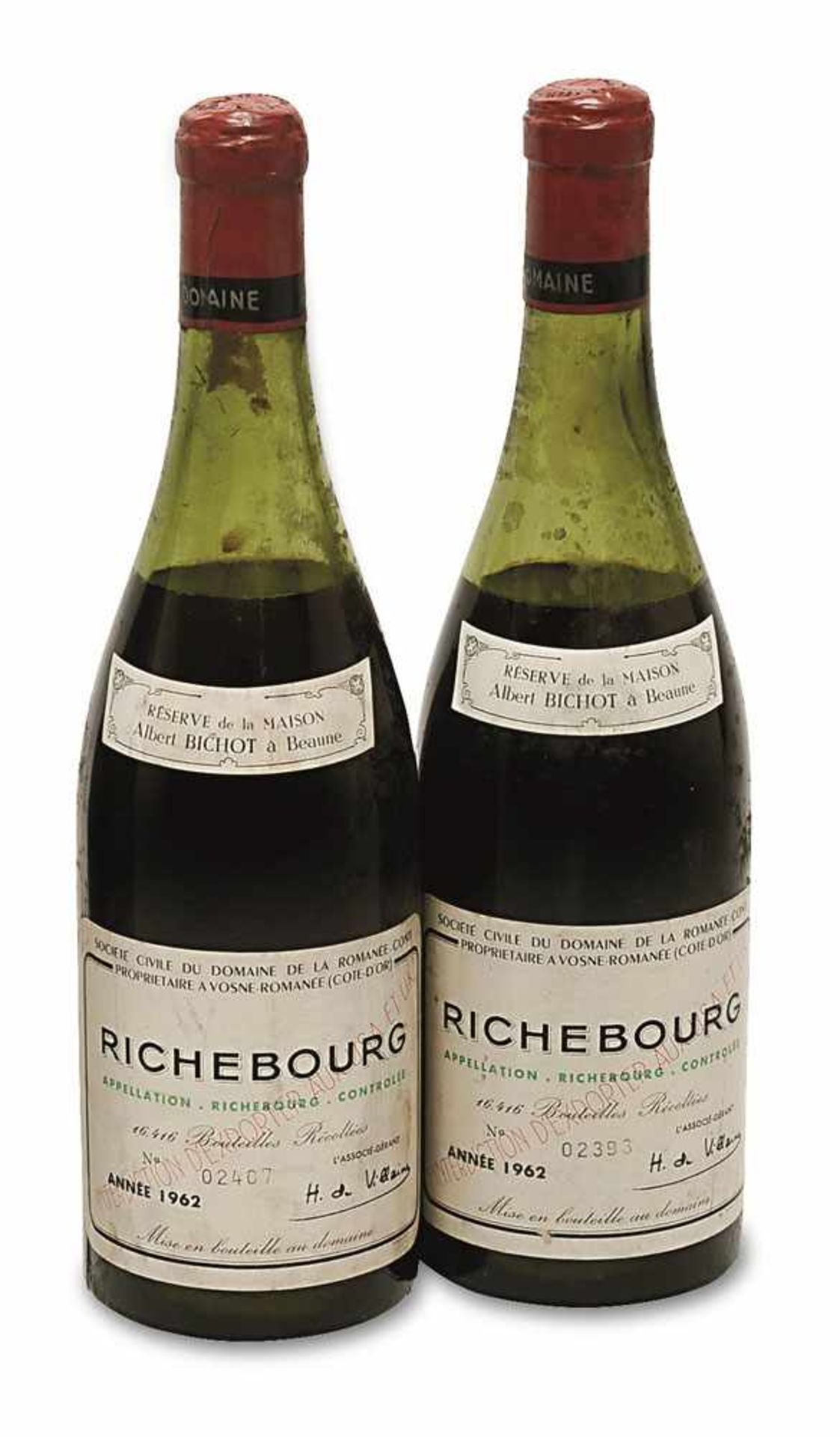 Zwei Flaschen Richebourg Burgund, Frankreich Domaine de la Romanée-Conti, Grand Cru. Jahrgang: 1962.