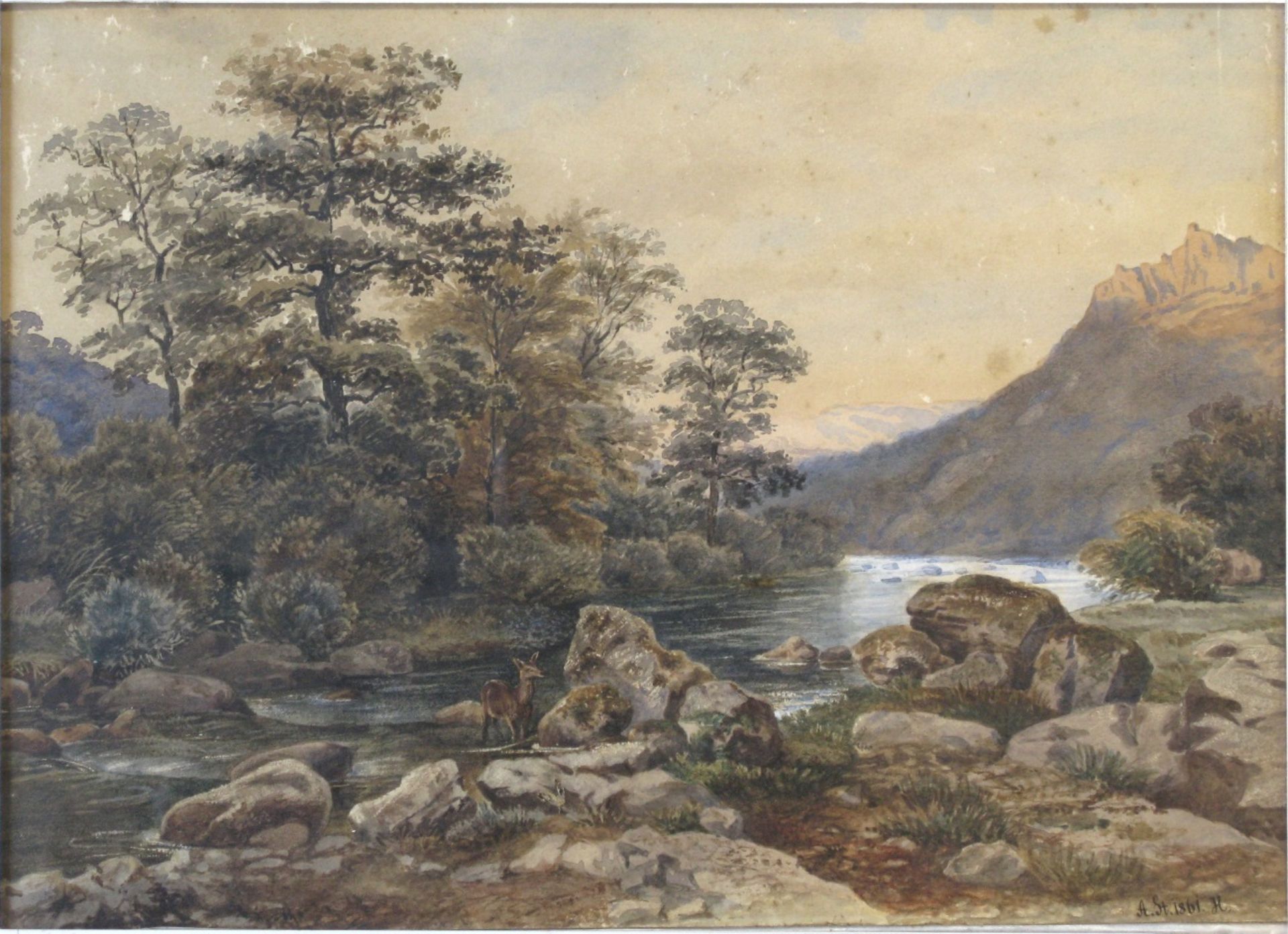 Monogrammist A. St. um 1861 Reh am felsigen Flussufer Aquarell BA: 26,5 x 36,5 cm R. u.