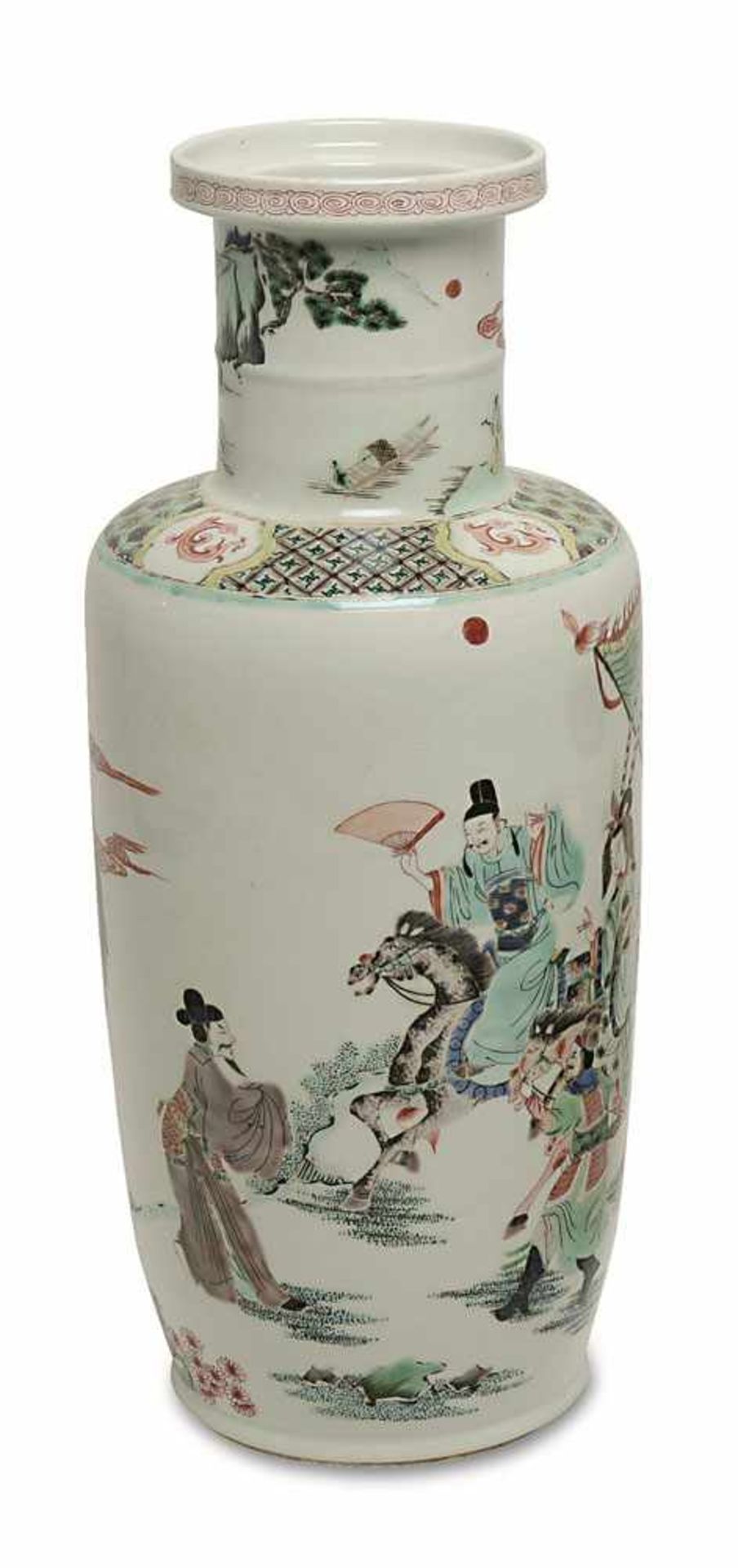 Rouleau-Vase China, 19./20. Jh. Porzellan. Bunter Dekor in den Farben der famille verte: Reiter in