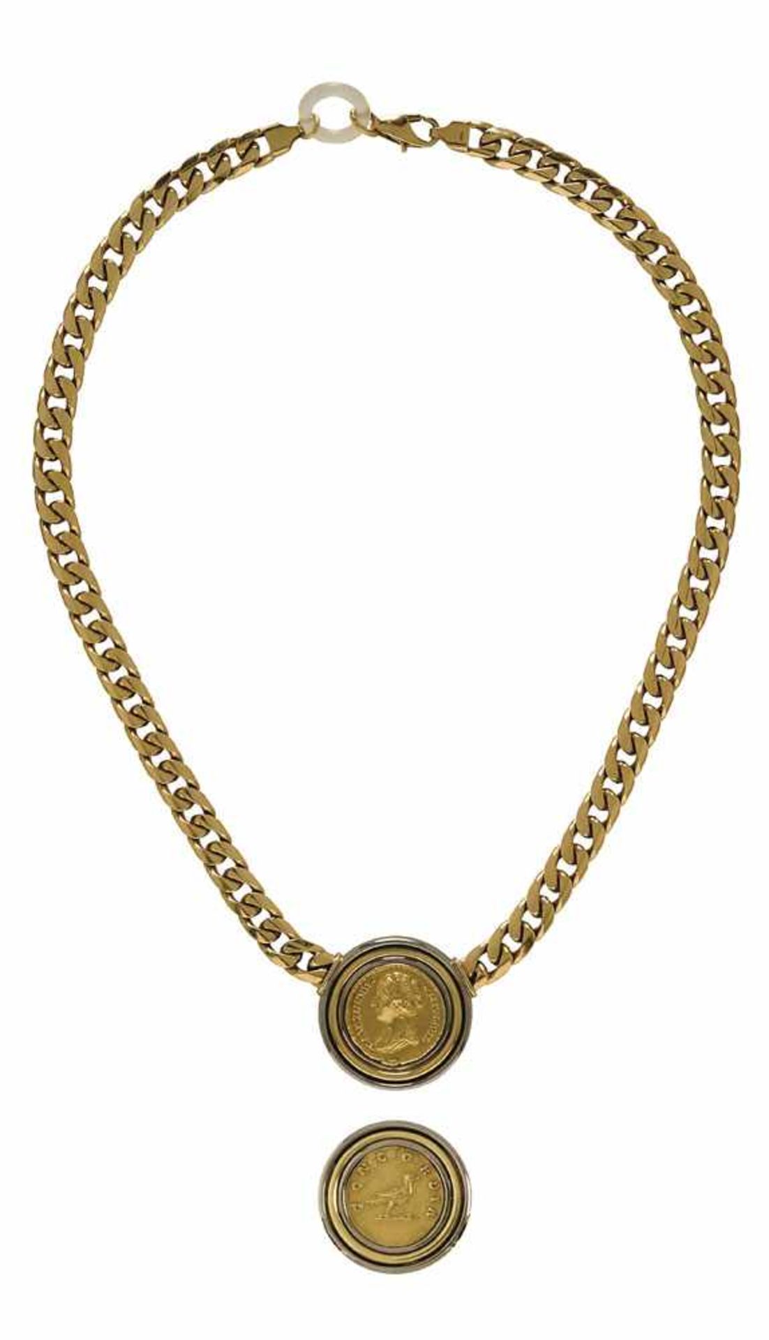 Münzcollier Italien, um 1980, mit römischer Goldmünze der Faustina Minor, wohl 150 n. Chr. 18 K