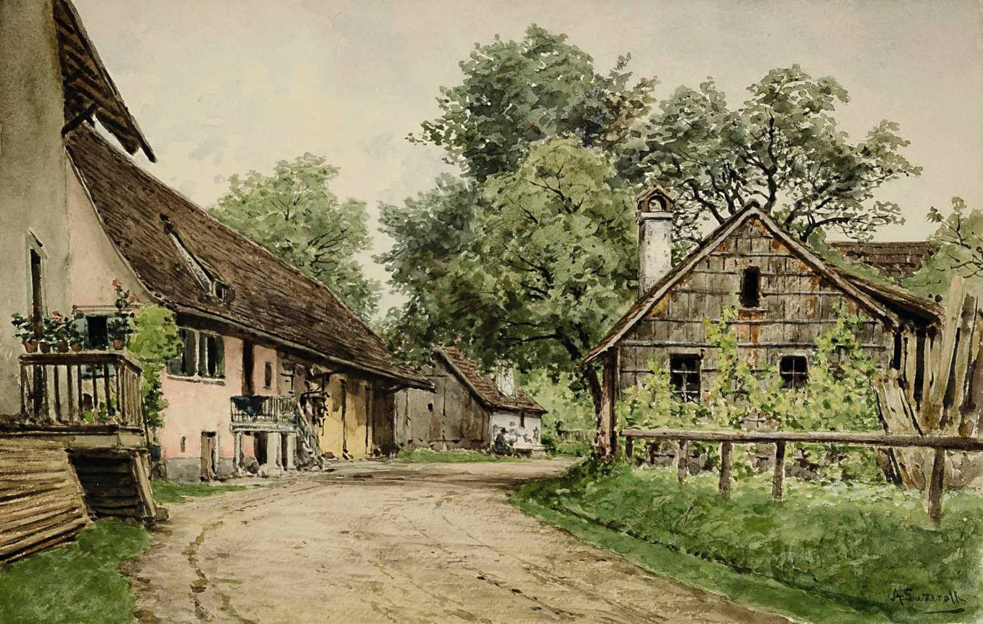 Lutteroth, Ascan 1842 Hamburg - 1923 ebd. Dorfstraße Aquarell BA: 31 x 48 cm R. u. signiert. Rahmen