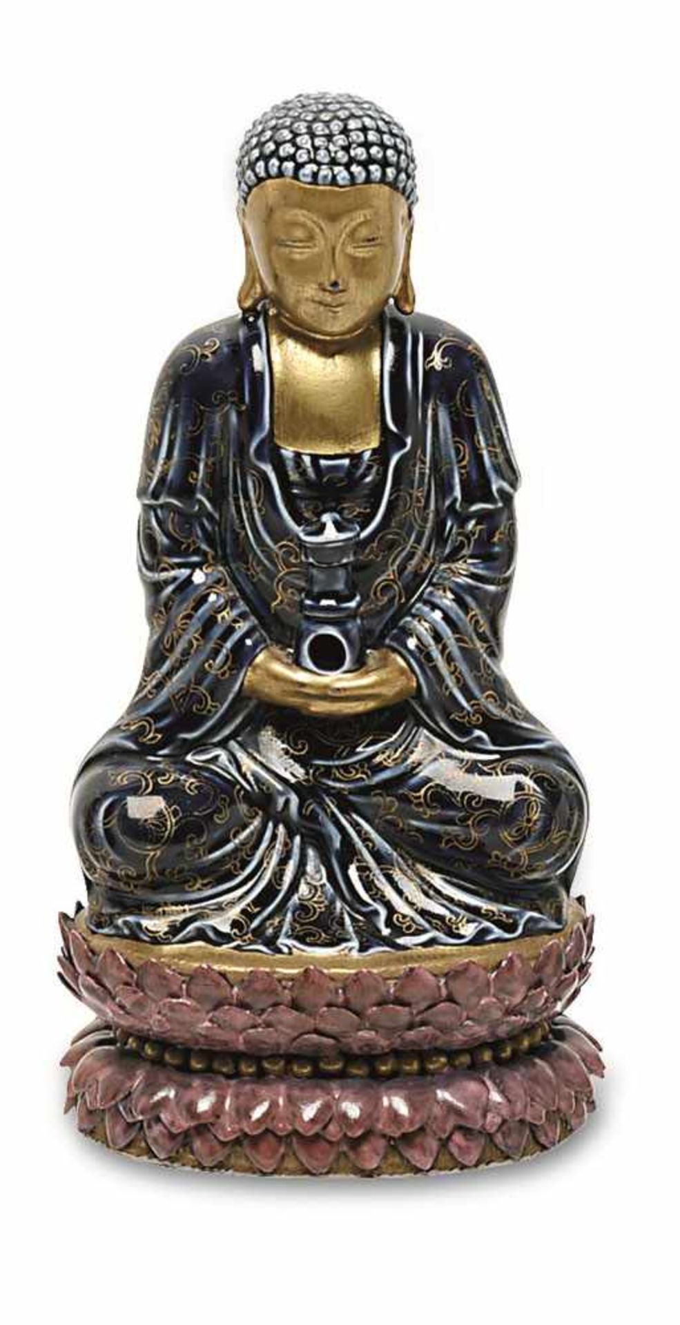 Buddha China Porzellan, Farb- und Goldstaffage. Auf doppeltem Lotosthron sitzender Buddha. Min.