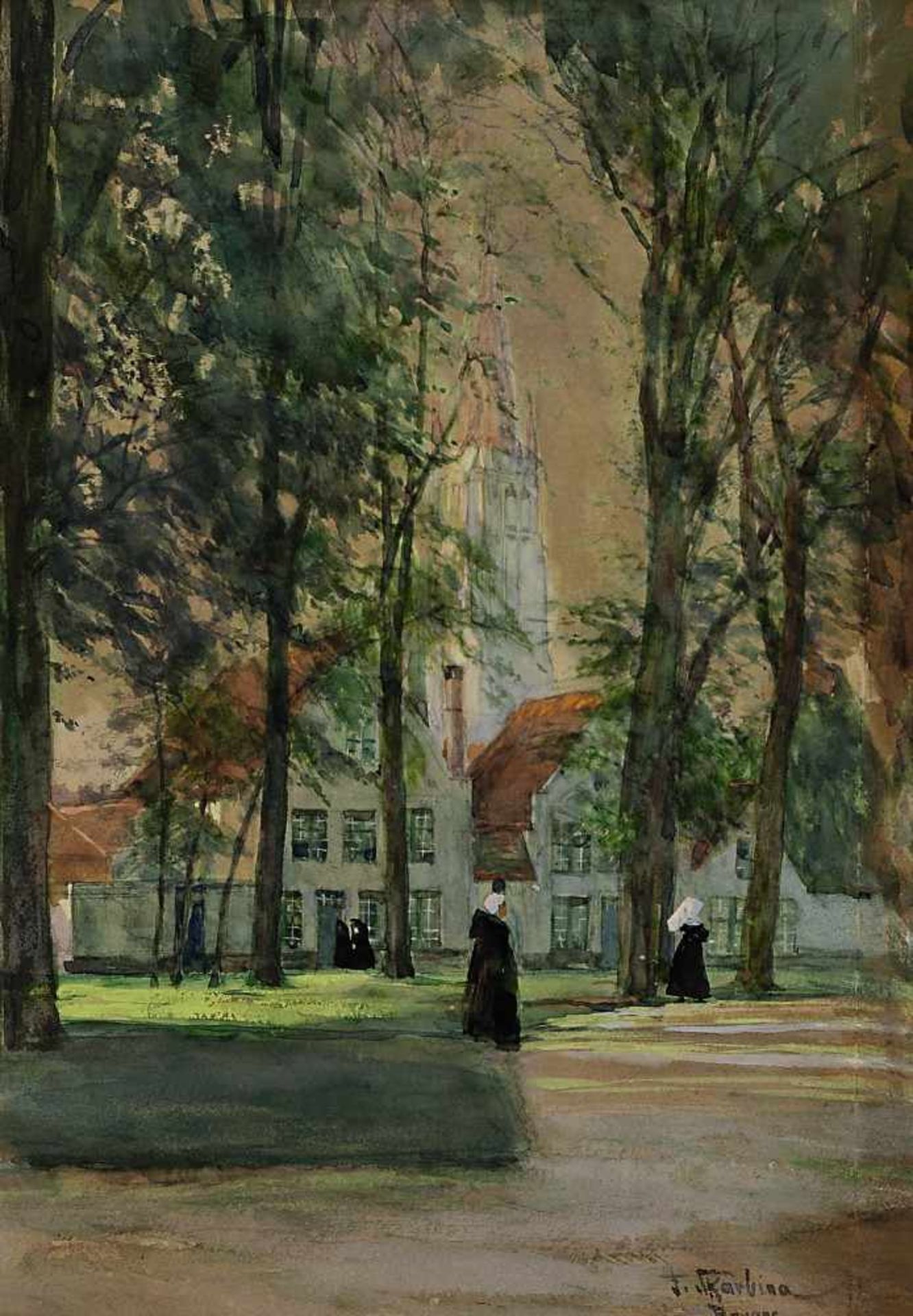 Skarbina, Franz 1849 Berlin - 1910 ebd. Im Beginenhof in Brügge Aquarell 38 x 27 cm R. u.