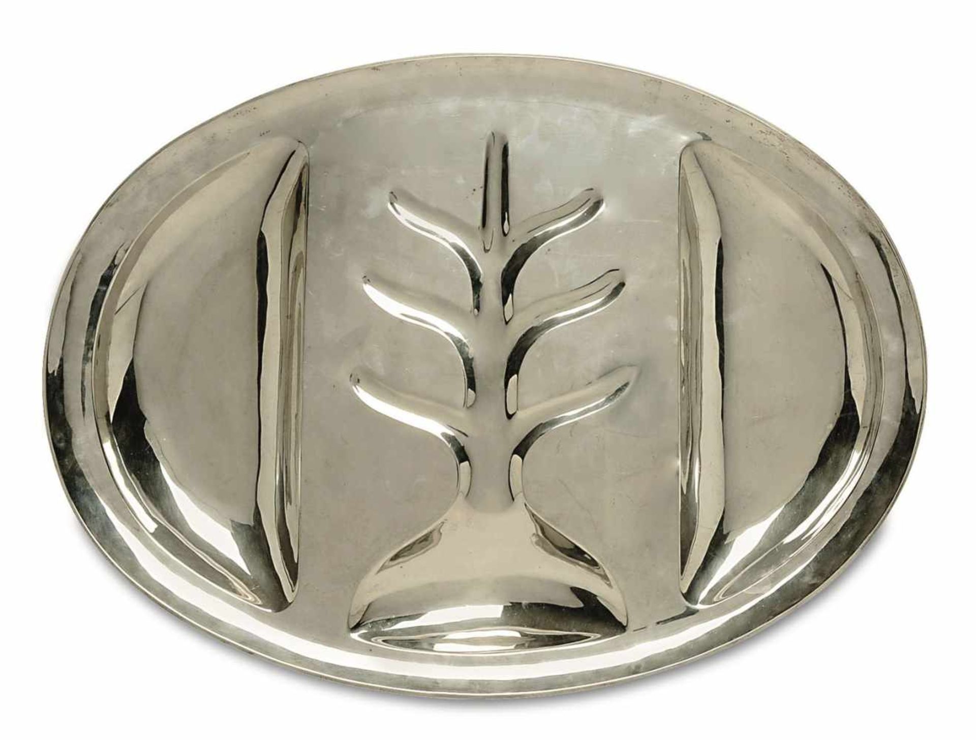 Servierplatte Mexiko Silber. Ovale Schale mit zwei halbkreisförmigen und einer baumähnlichen
