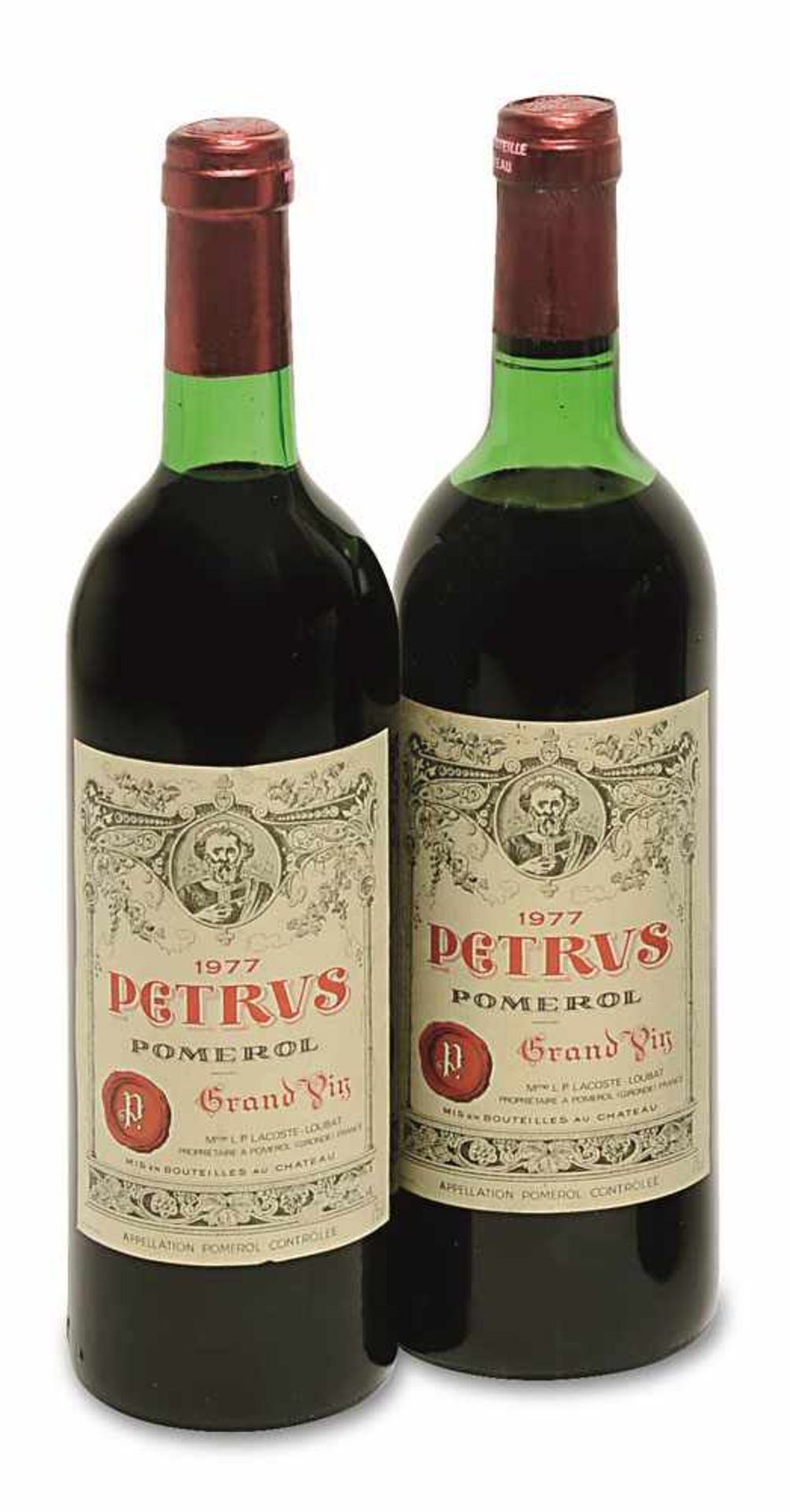 Zwei Flaschen Petrus Bordeaux, Frankreich Château Pomerol, Grand Vin. Jahrgang: 1977. Originale