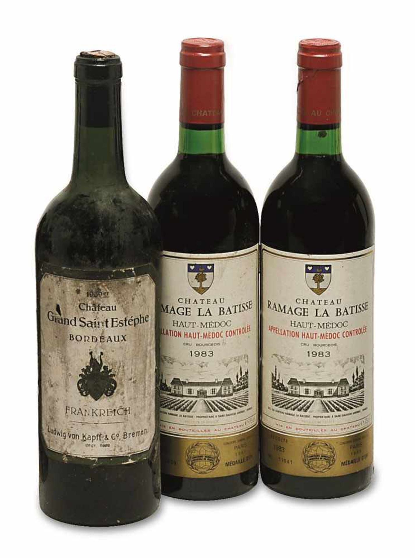 Drei Flaschen Rotwein Bordeaux, Frankreich Eine Flasche: Château Grand Saint-Estéphe, Jahrgang: