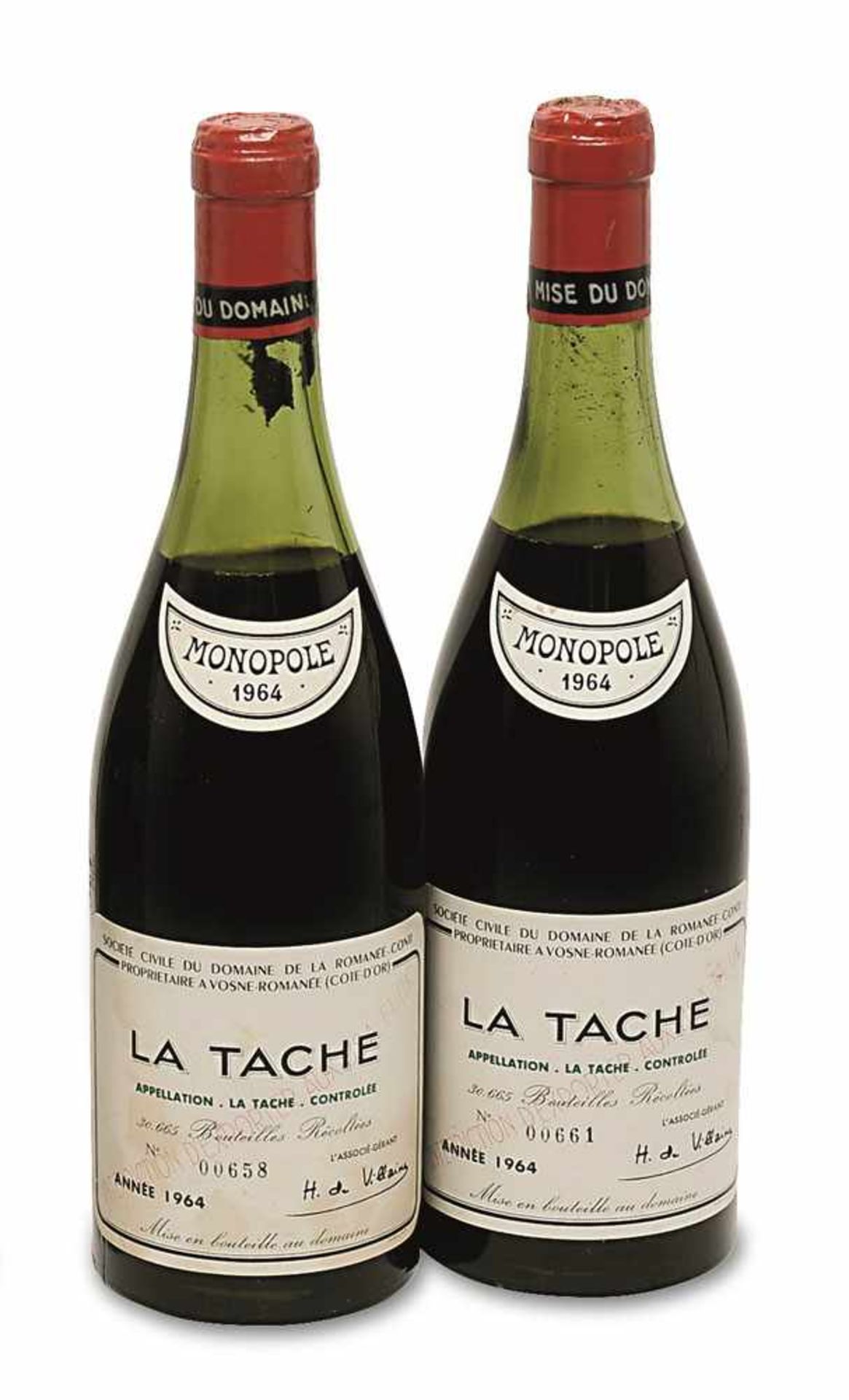Zwei Flaschen La Tâche Burgund, Frankreich Domaine de la Romanée-Conti, Grand Cru. Jahrgang: 1964.