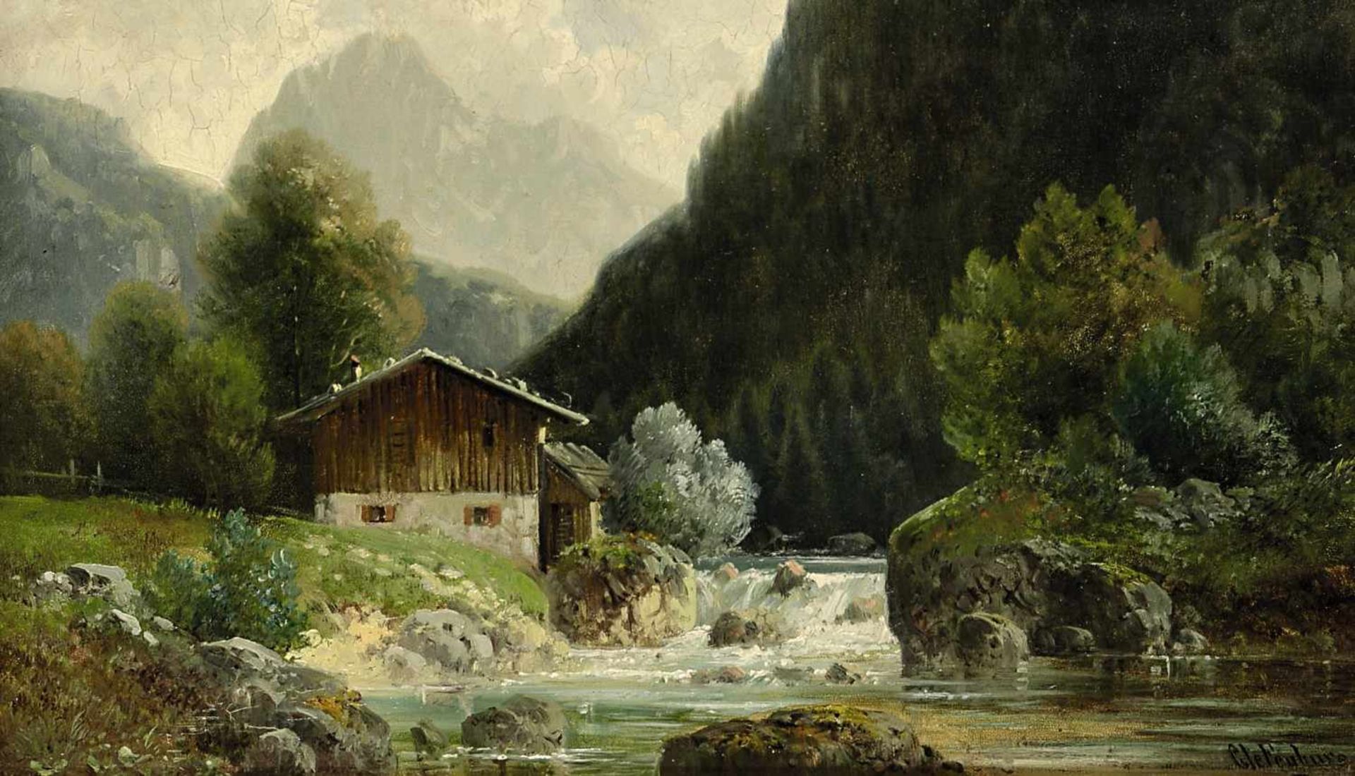 Le Feubure, Carl 1847 München - 1911 Bad Tölz Mühle am Gebirgsbach Öl / Holz 18 x 30 cm R. u.