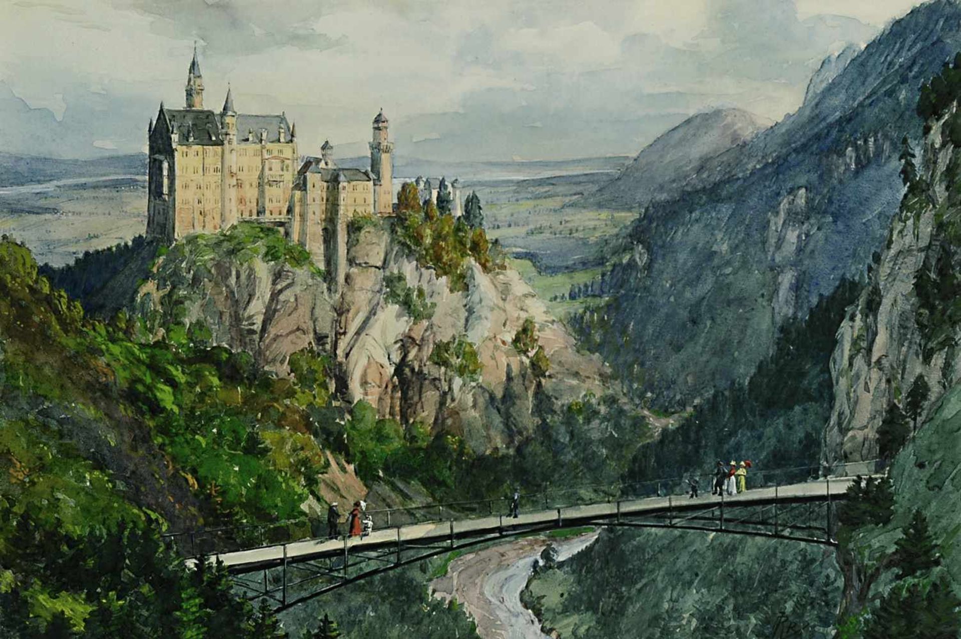 Deutsch 19./20. Jh. Spaziergänger auf der Marienbrücke vor Schloss Neuschwanstein Aquarell, weiß