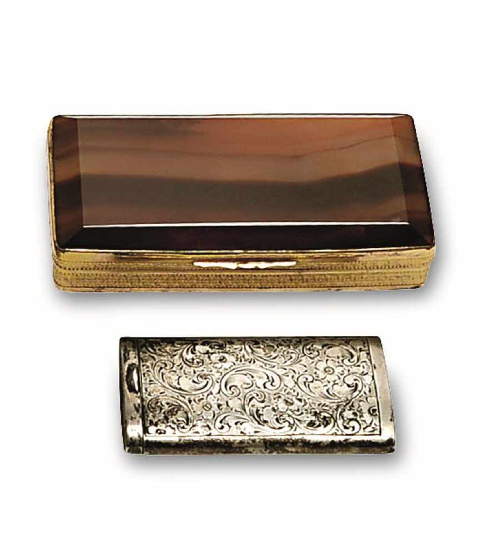 Tabatière / Streichholzdose Achatdose mit vergoldeter Kupfermontierung bzw. Silberdose mit