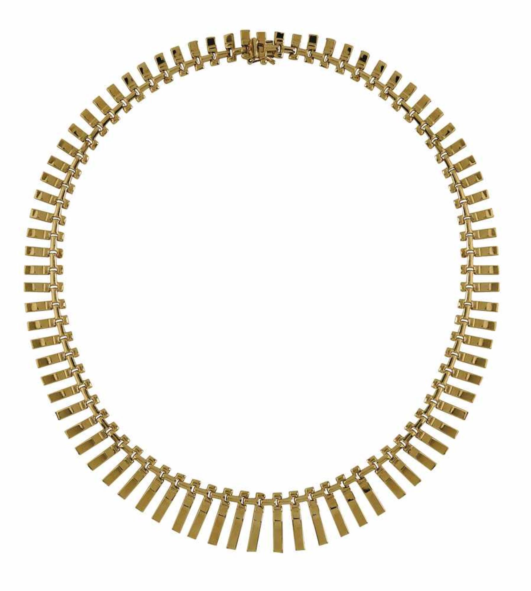 Collier Um 1955 14 K GG, Marke (585). Stäbchenmuster. Steckschließe mit Sicherungsacht. L. 44 cm.