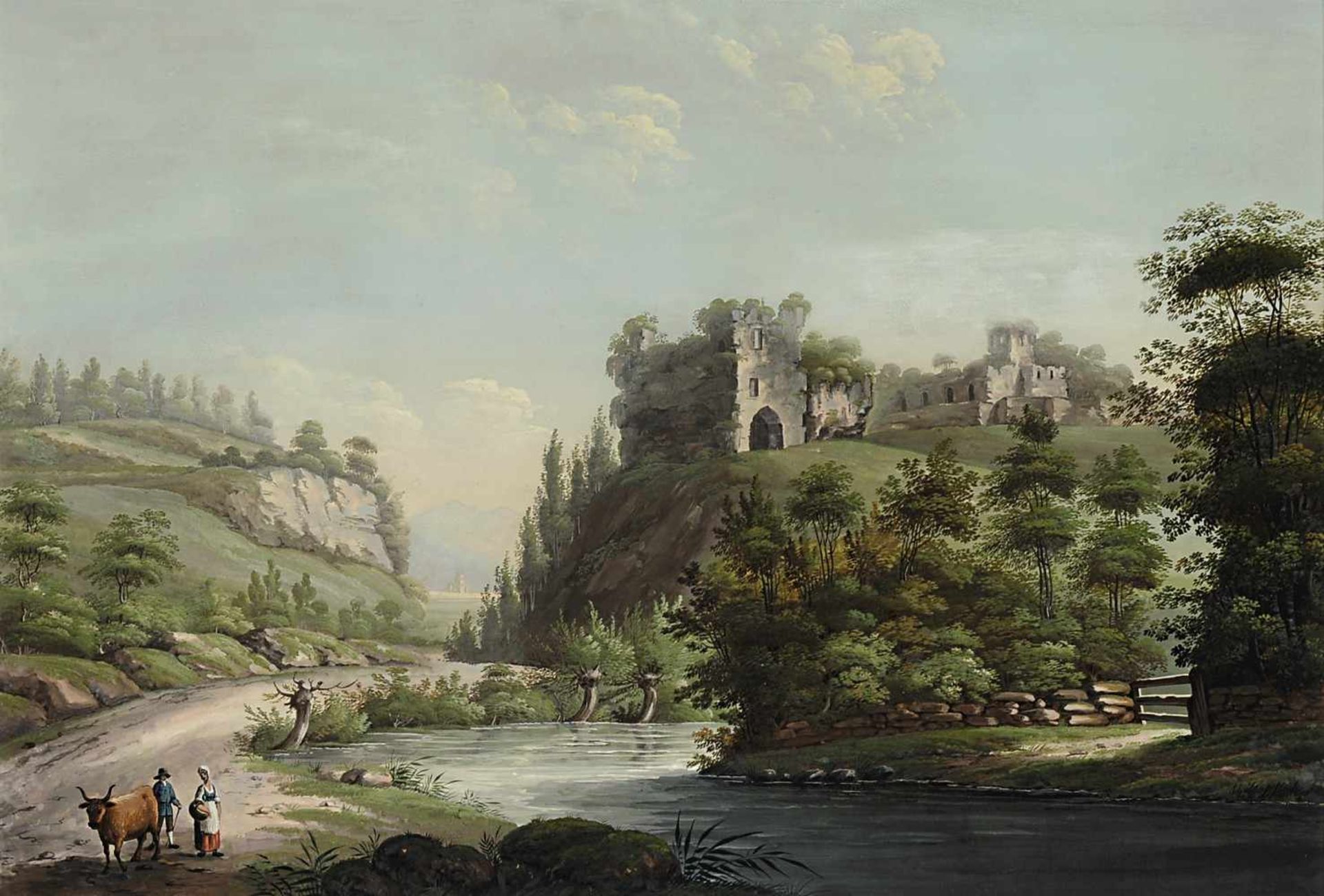 Unbekannt 1. Hälfte 19. Jh. Landschaft mit Ruine und Bauernpaar am Flussufer Gouache BA: 44 x 65