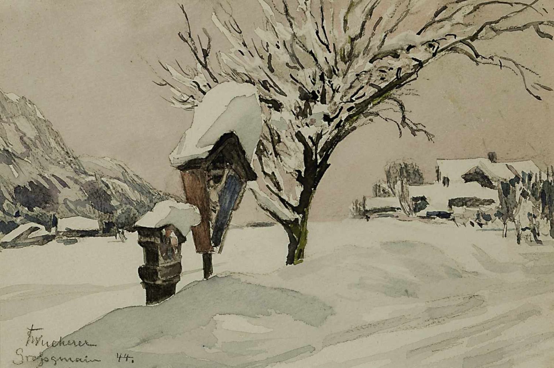 Wucherer, Fritz 1873 Basel - 1948 Kronberg Winterlandschaft mit Marterl Aquarell BA: 15,5 x 23,5